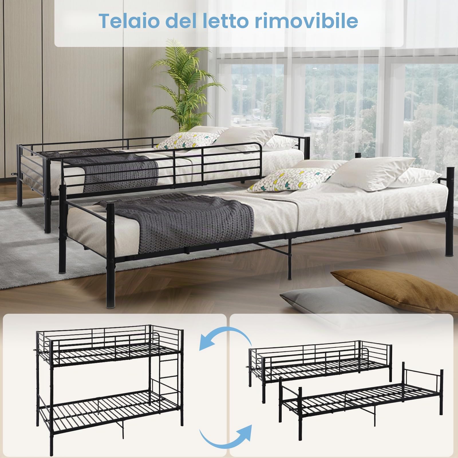 Letto a Castello, Struttura del Letto in Metallo con Scala e Parapetti, Convertibile in 2 Letti per Bambini, Ragazzi e Adulti, Nero