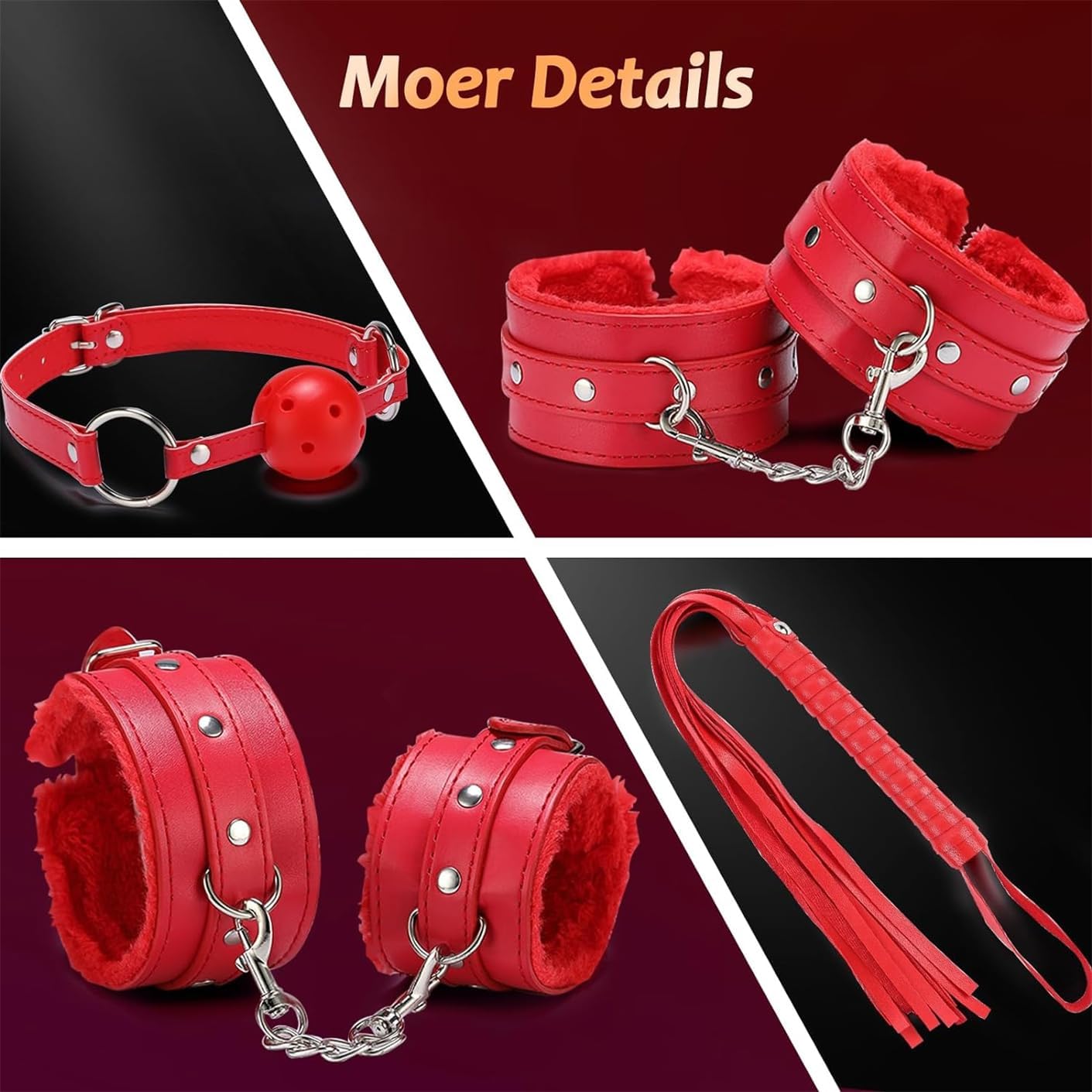 BDSM Sex Bed Bondage Restraints Kit Toys Rope Cuffs s&m Gear Couples Sexy Gifts Set Fuzzy Handcuffs Plush Leather Yoga Aid Set 10 Pieces Red, Comfortable Exercise Accessories-H