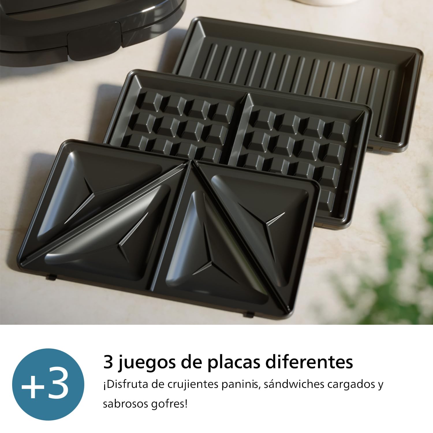 Philips Sandwichera Serie 5000-3 juegos de platos para paninis, sándwiches y gofres, placas antiadherentes para parrilla, cortar y sellar, 750 W de potencia, negro (HD2350/80)