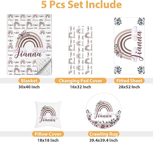 Miniatura 9 de Juego de ropa de cama personalizado para cuna de bebé, juego de 5 piezas para cuna de bebé, diseños de arcoíris, manta con nombre personalizado con