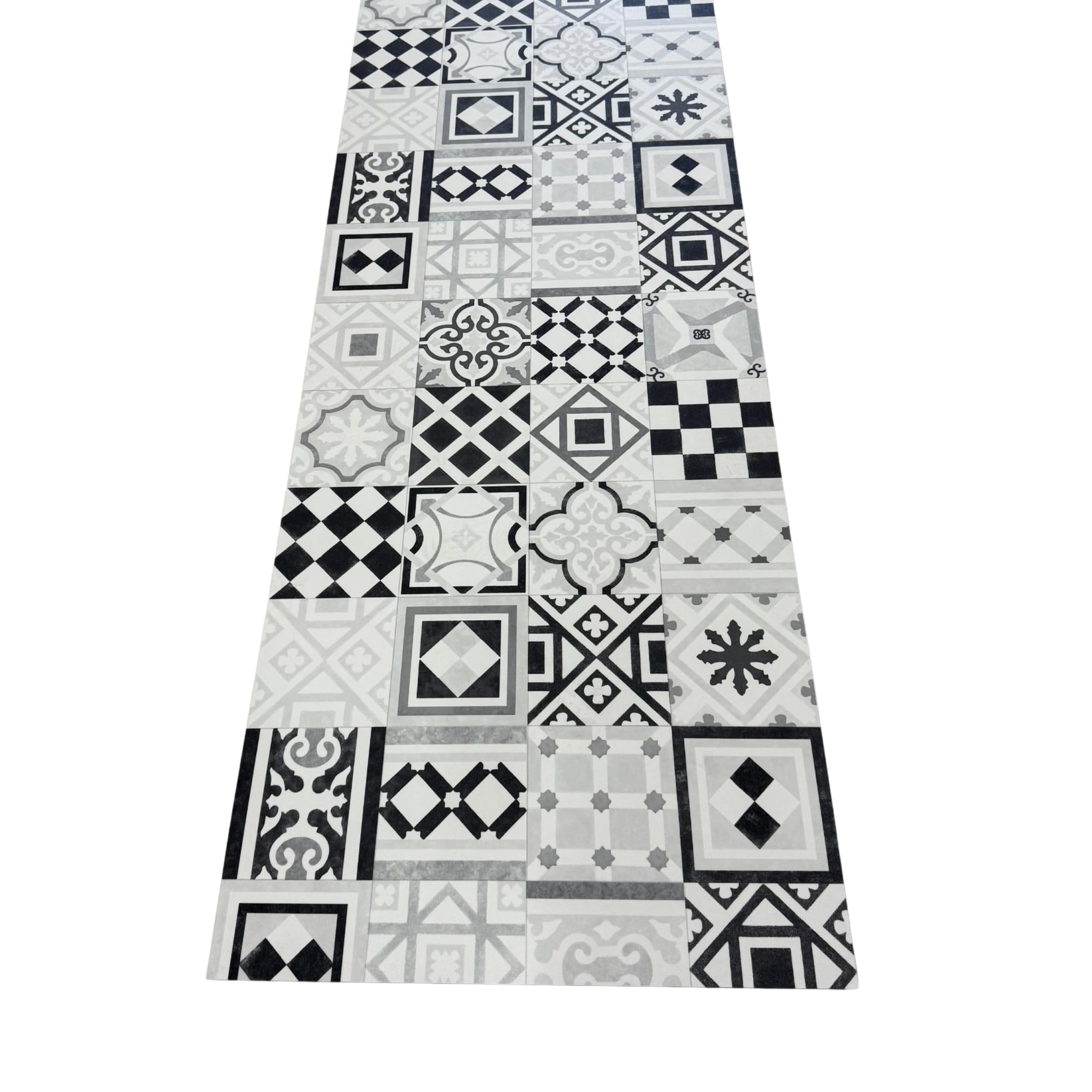 Tappeto Vinilico Vedra Cucina ed Esterno - Disegno Geometrico Piastrelle Grigio - Tappeto PVC Antiscivolo per Terrazza e Giardino - Resistente (65 x 300 cm)