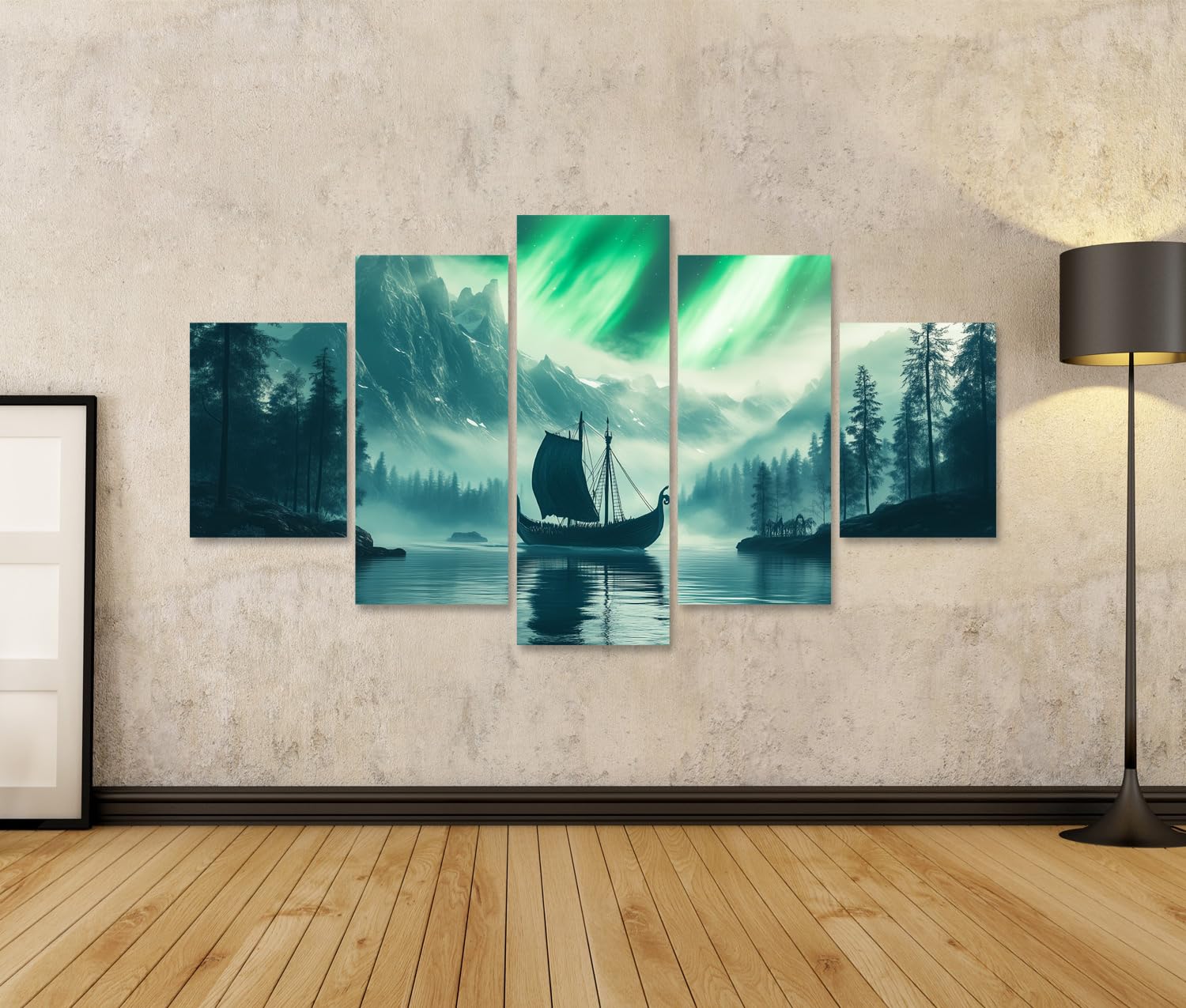islandburner Bild auf Leinwand Nordlichter Über Einem Wikinger Schiff Bilder Wandbilder Poster