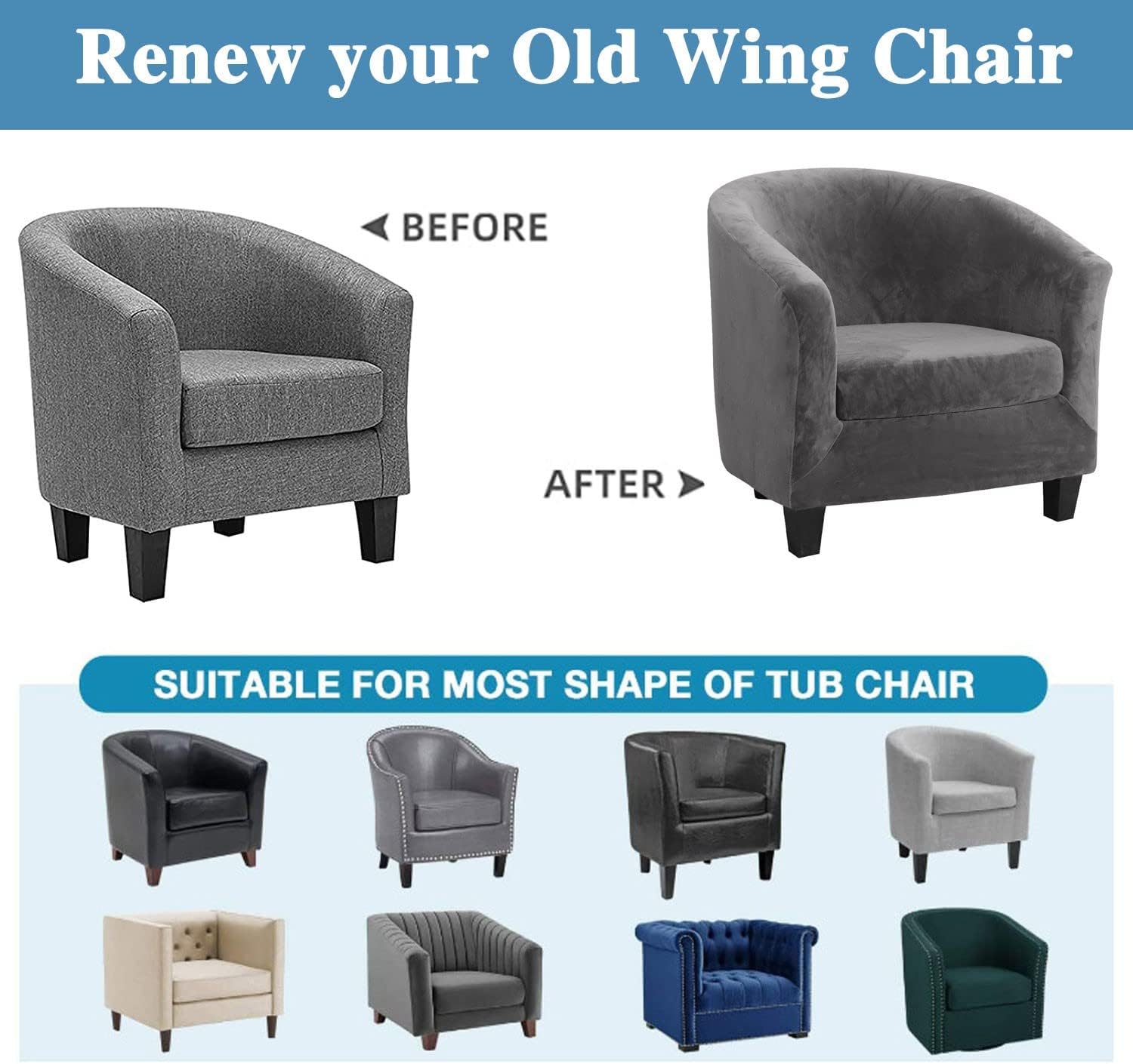 Velvet Club Chair Slipcover Chair Cover Armchair Slipcover Sofa Covers for Living Room,High Stretch Tub Chair Slipcovers Furniture Protector Couch Covers for Bar Cafe Hotel,Black White Blue