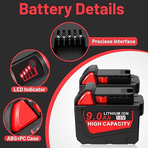 Miniatura 3 de Paquete de 2 baterías de litio M-18 9000mAh 18V de repuesto para Milwaukee M-18 48-11-1840 48-11-1828 48-11-1820 48-11-1815 48-11-1850 48-11-1890