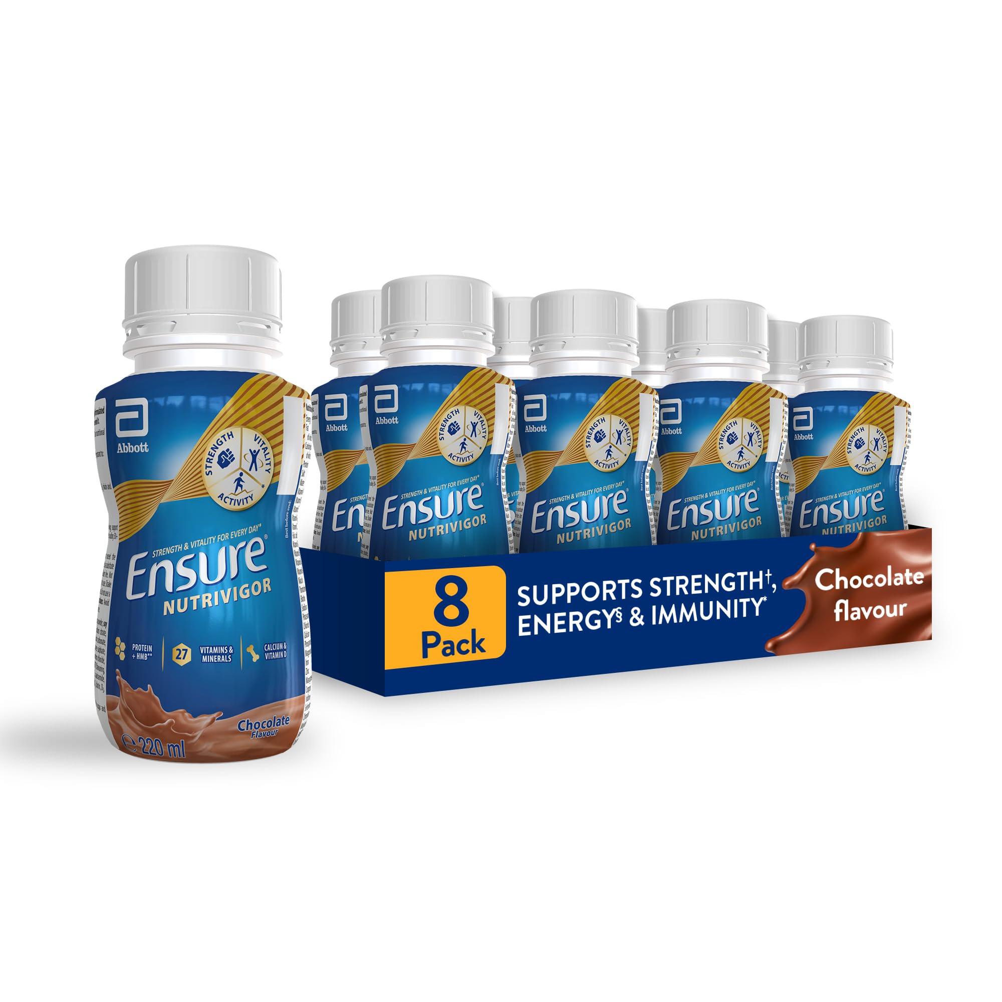 Ensure NutriVigor Nutritional Shake – Chocolate Flavour – 8 x 220ml – Boosts Energy – Ready-to-Drink – Food Supplement with Protein, HMB and27 Vitamins and Minerals