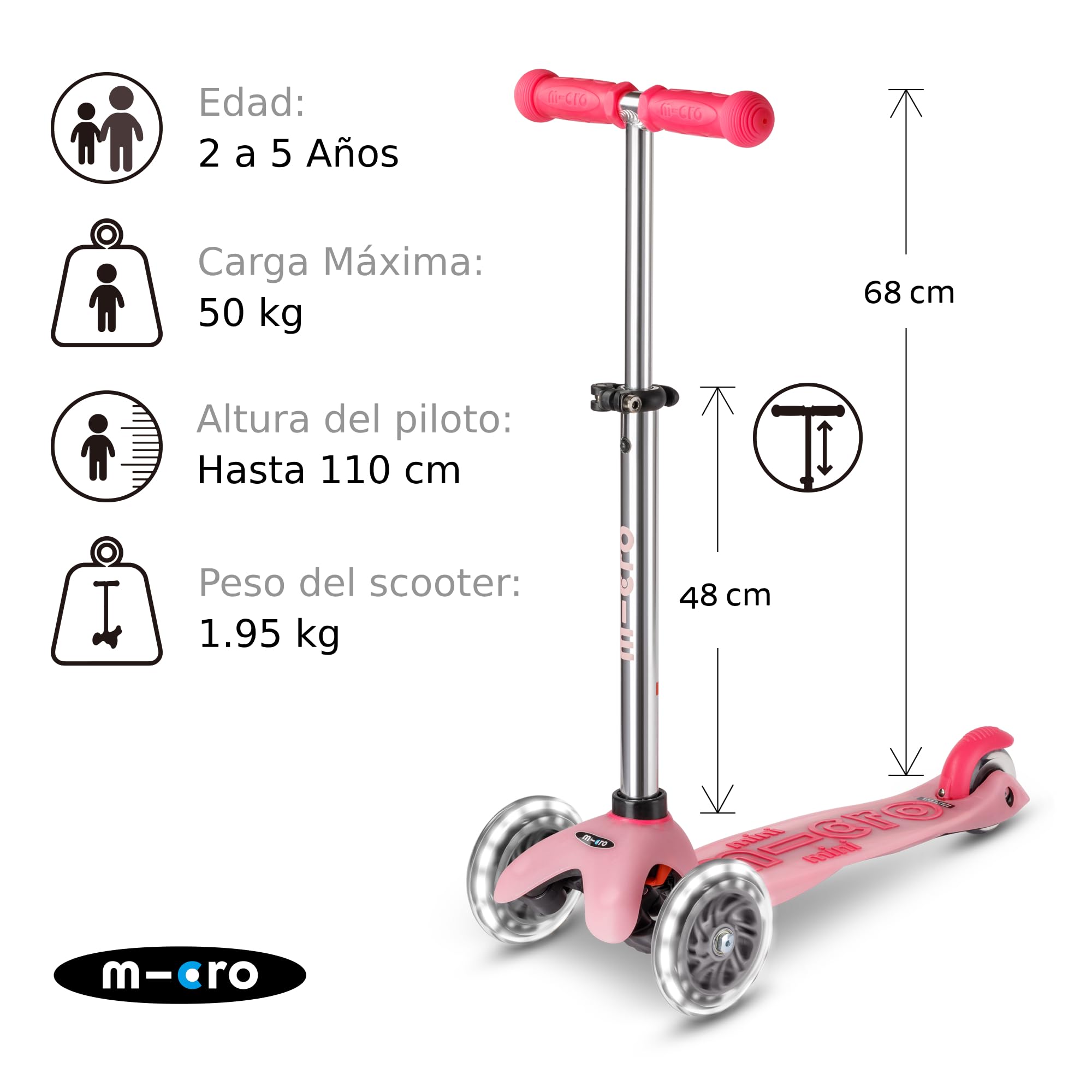 Micro Mini Deluxe Glow LED Patinete 3 Ruedas Niños Niñas Plataforma Brilla Oscuridad Ruedas Luz LED Regulable 2-5 Años