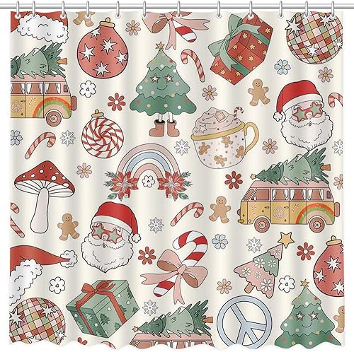Miniatura 2 de MEHOFOND Cortina de ducha retro con texto en inglés "Merry Christmas" de los años 70, cortinas de ducha para baño, invierno, bohemio, hongos, arco