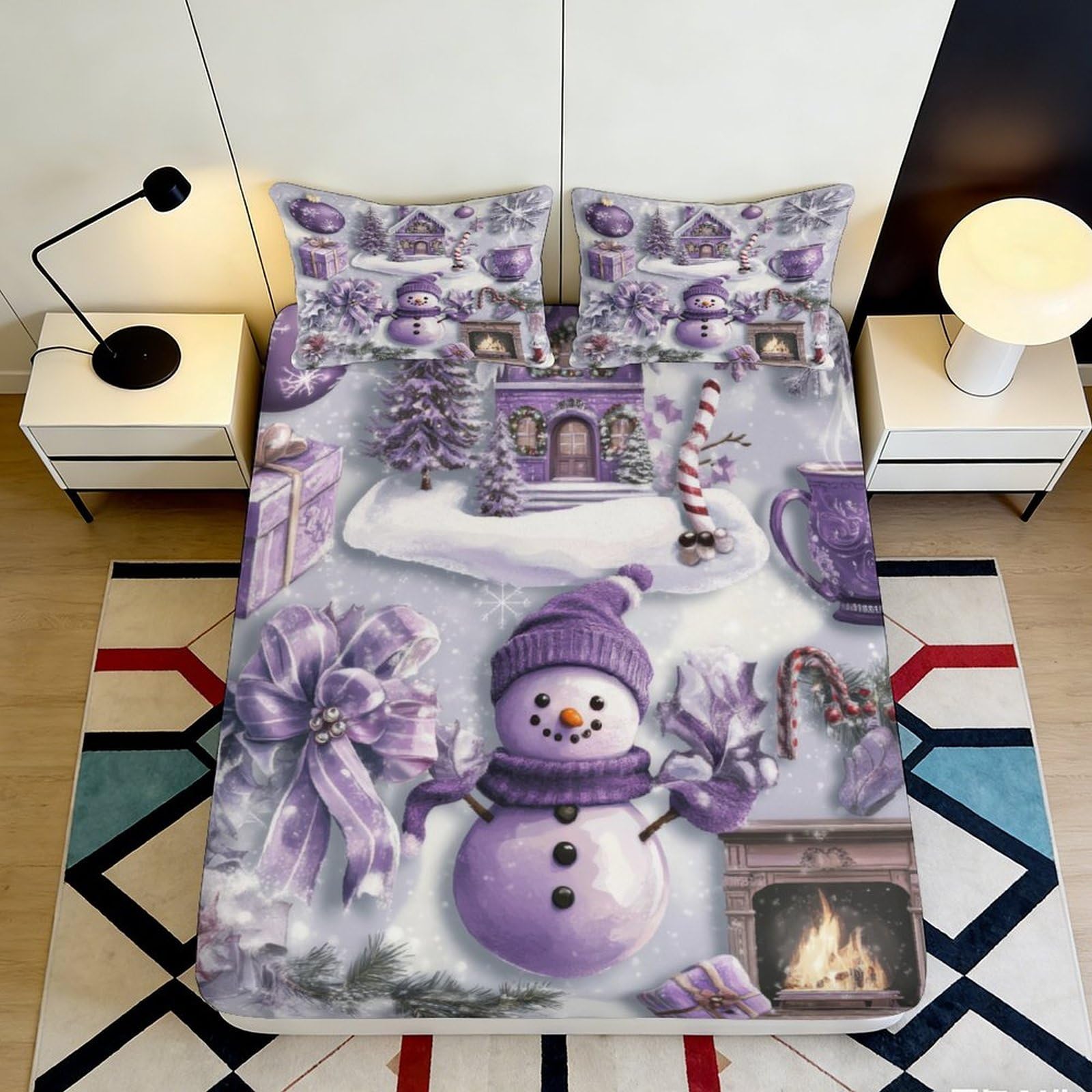 3D Printed Purple Snowman Christmas Fitted Sheet Microfiber Soft Winter Gift Bed Cover for Bedroom Guest Room 160x200x25cm