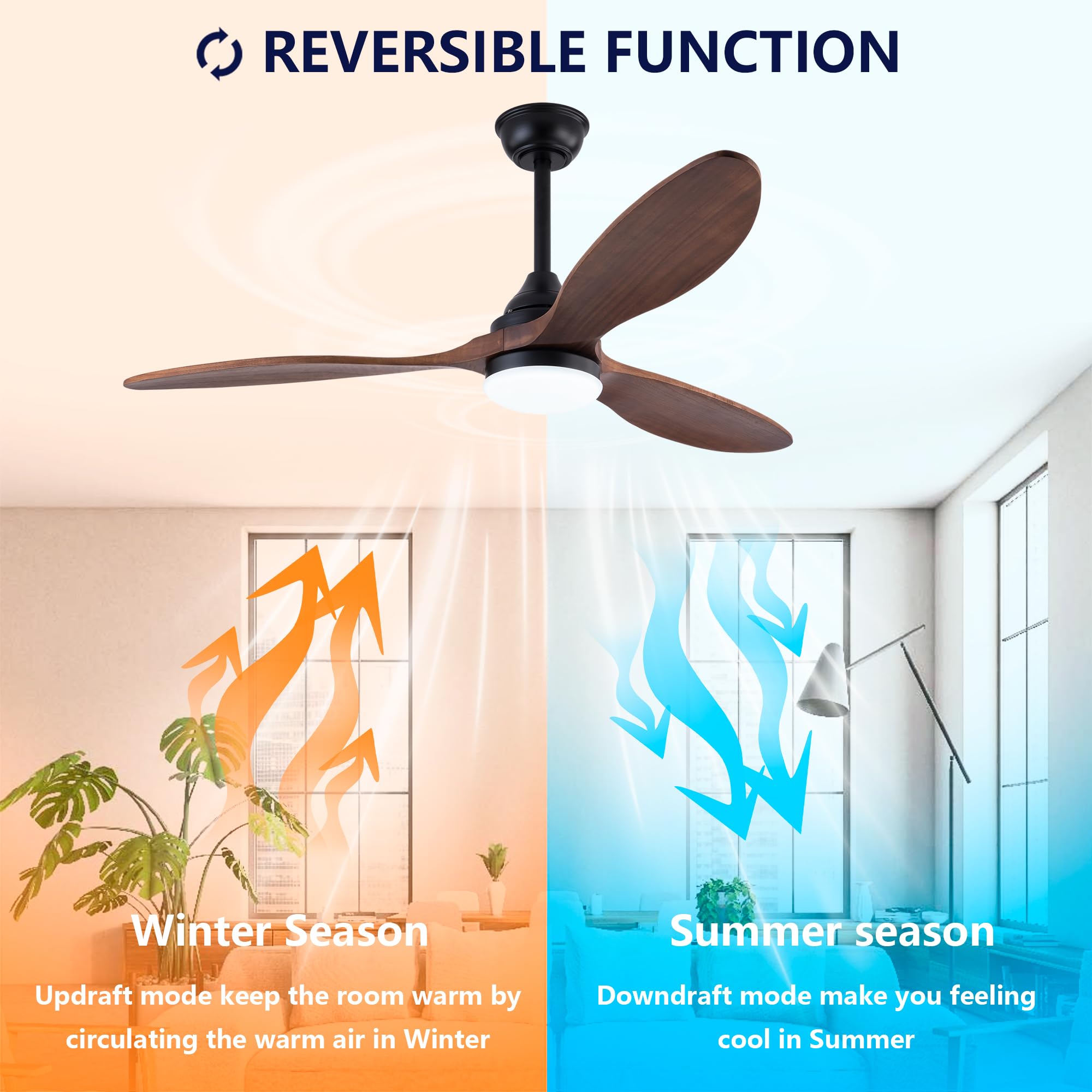 vutizal Ventilador de techo de 132 cm con iluminación, 3 aspas de madera maciza, LED regulable, 3 temperaturas de color, mando a distancia, Windcalm, motor DC silencioso, negro oscuro nogal, lámpara