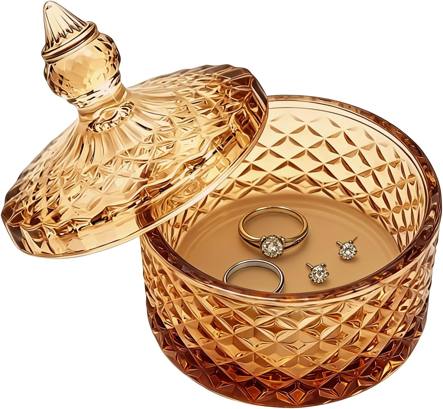Glass Jewelry Box, Crystal Candy Dish with Lid, Ring Box, Small Trinket Dish, Jewelry Organizer Dish with Lid, Decorative Jewelry Bowls for Home Decor, Birthday Gifts for Women (Diamond-amber)