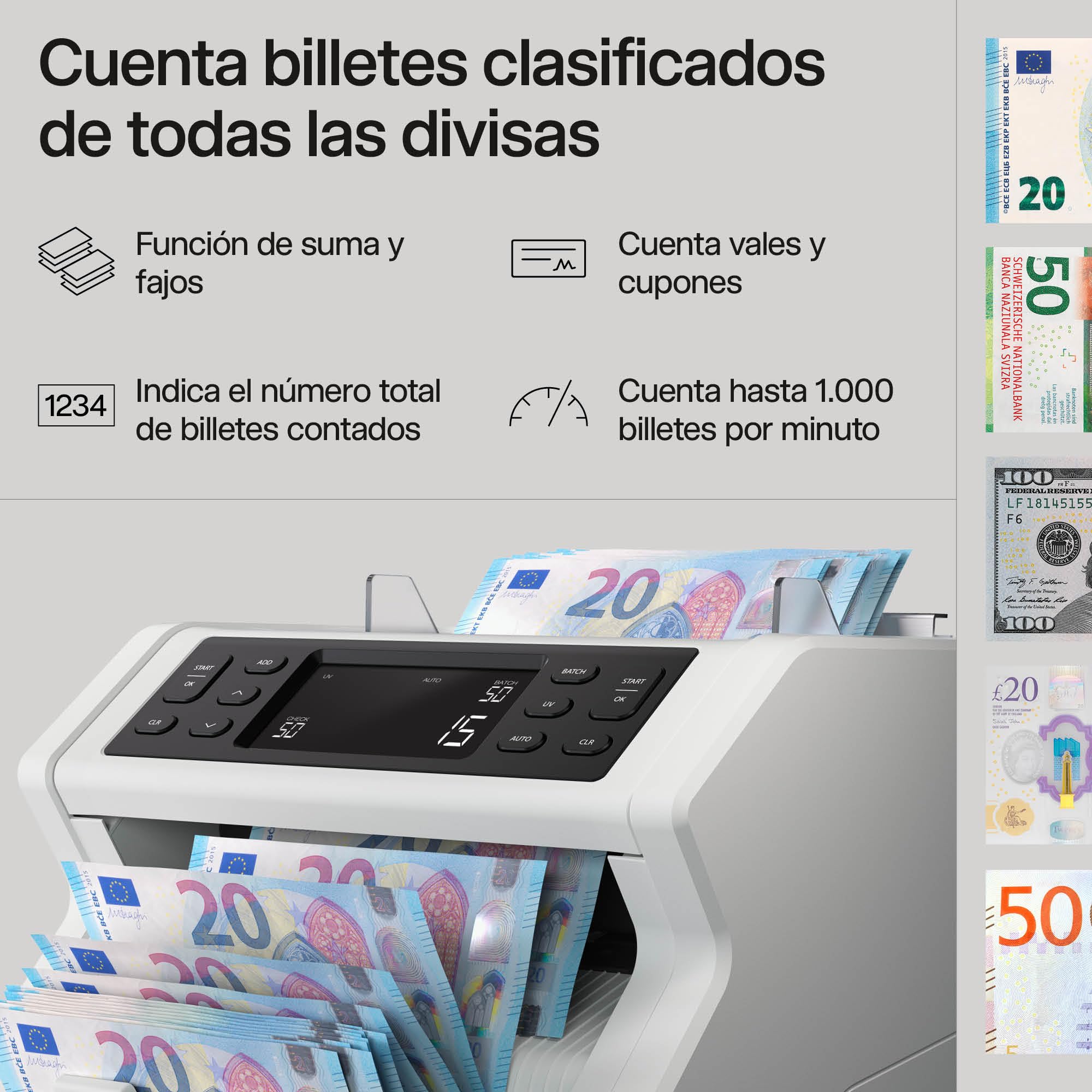 Safescan Contadora de Billetes 2210 para Billetes Clasificados - Contadora detectora de Billetes Falsos en 3 Puntos - Máquina para Contar Billetes Clasificados de Todas Las divisas