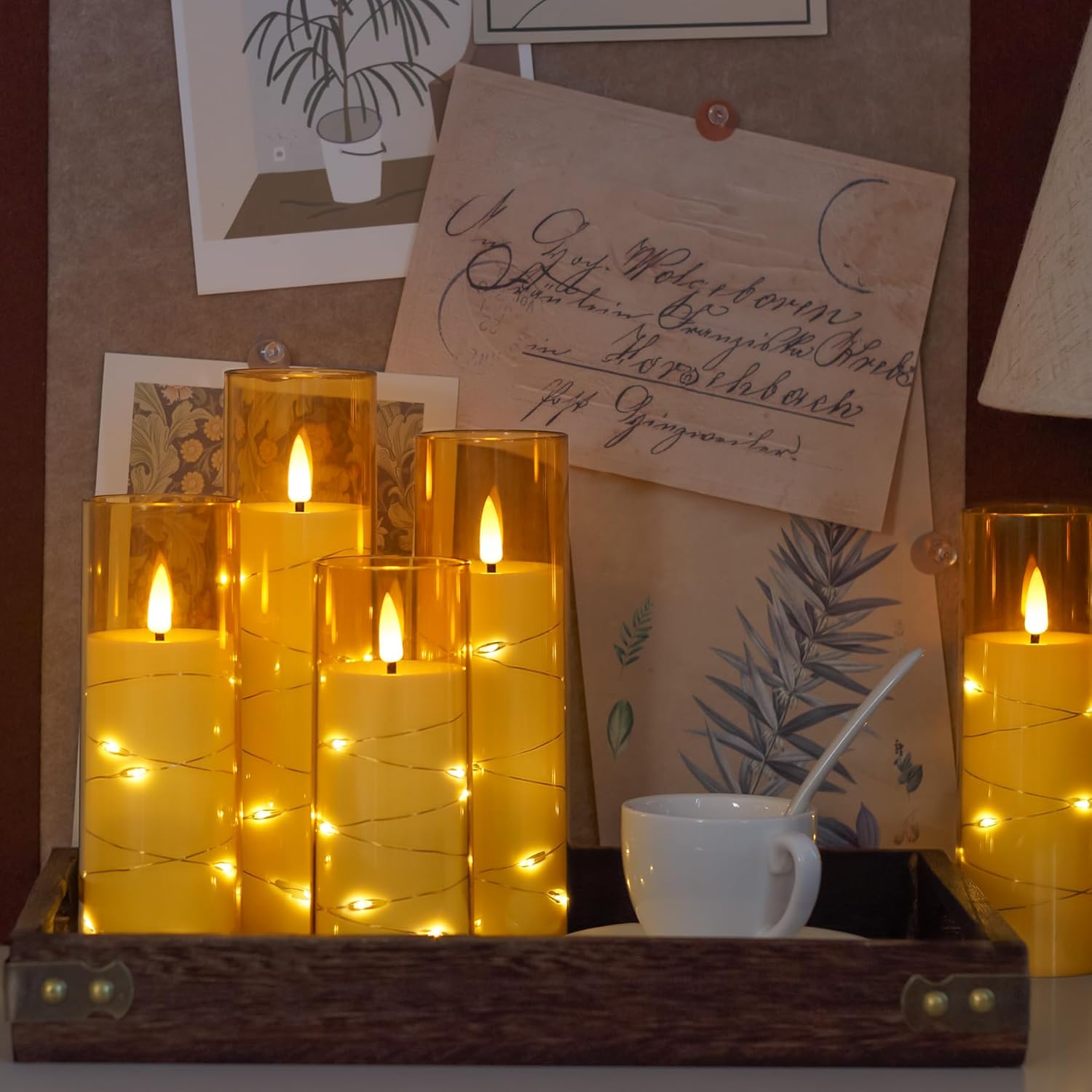 Flameless Flickering 2.2" x5" 6" 7" 8" 8" Candles, LED Battery Operated Gold Clear Plastic Timer Pillar Realistic Wick Candles (Long Lasting 500 Hrs, Pack of 5)