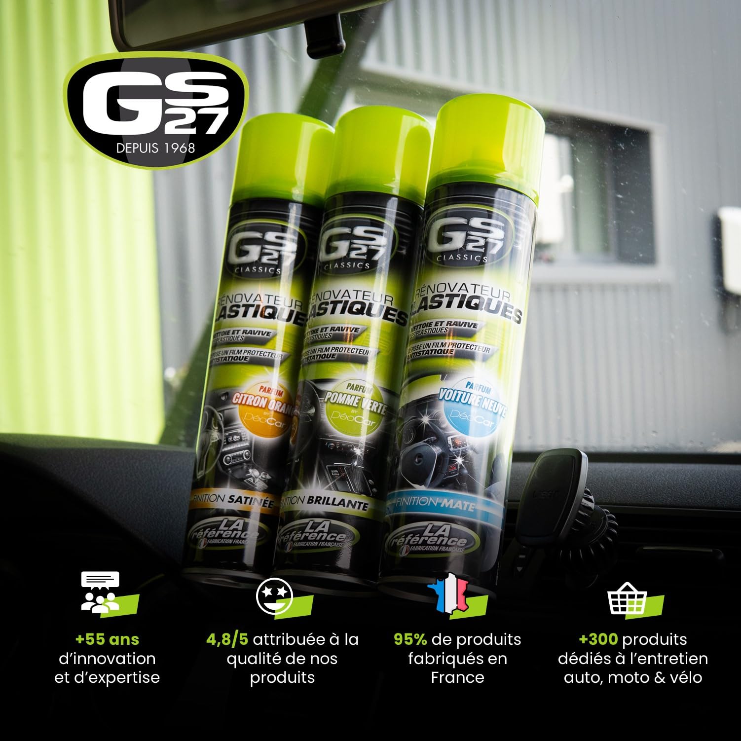 GS27 - Rénovateur Plastiques Voiture - Finition Mate - Parfum Voiture Neuve - Spray 400 ML