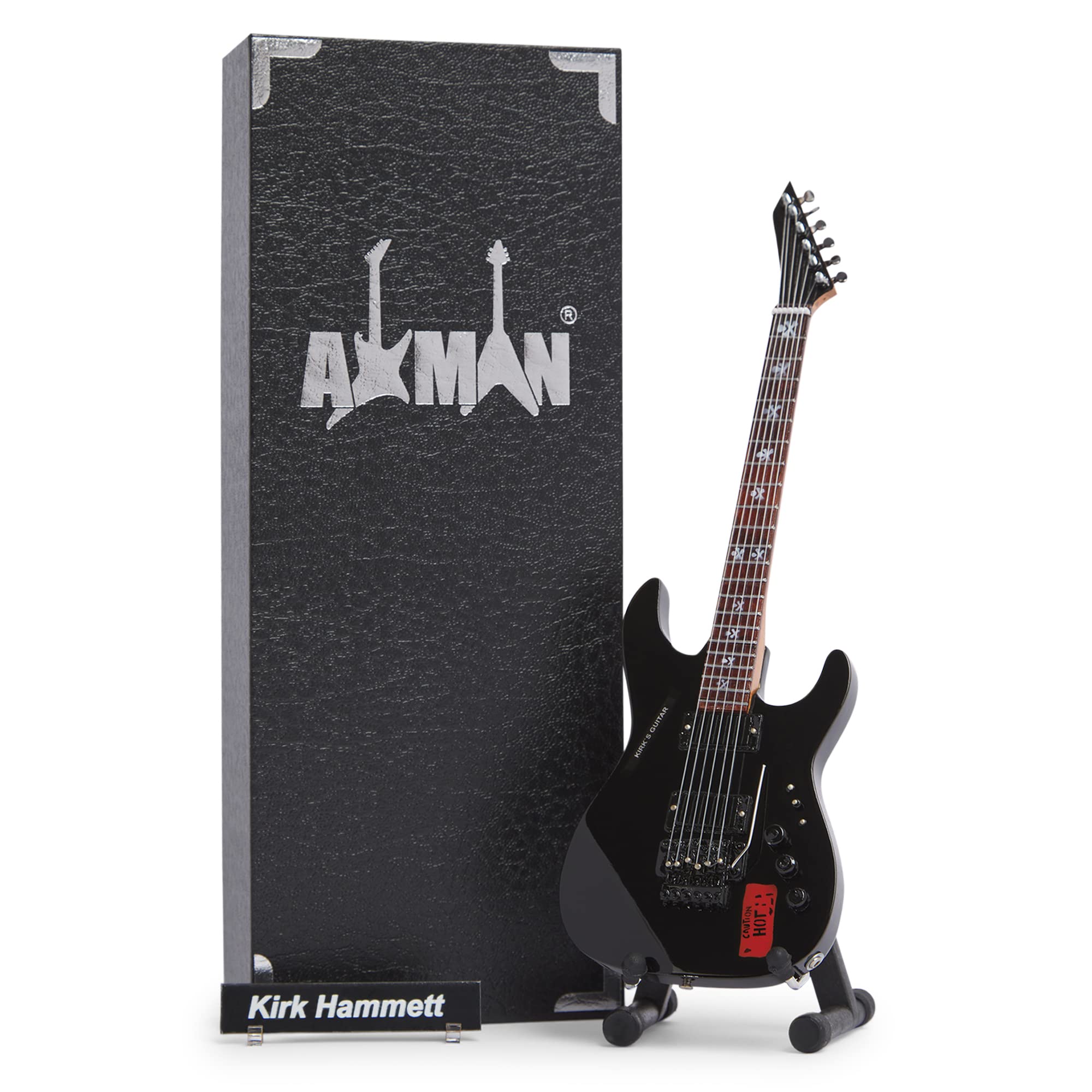 Axman Men's Black Kirk Hammett (Caution Hot) Miniature Guitar Replica - Music Gifts - Handmade Ornatal 1/4 Scale - Display Box, Name Tag And Miniature Guitar Stand Included