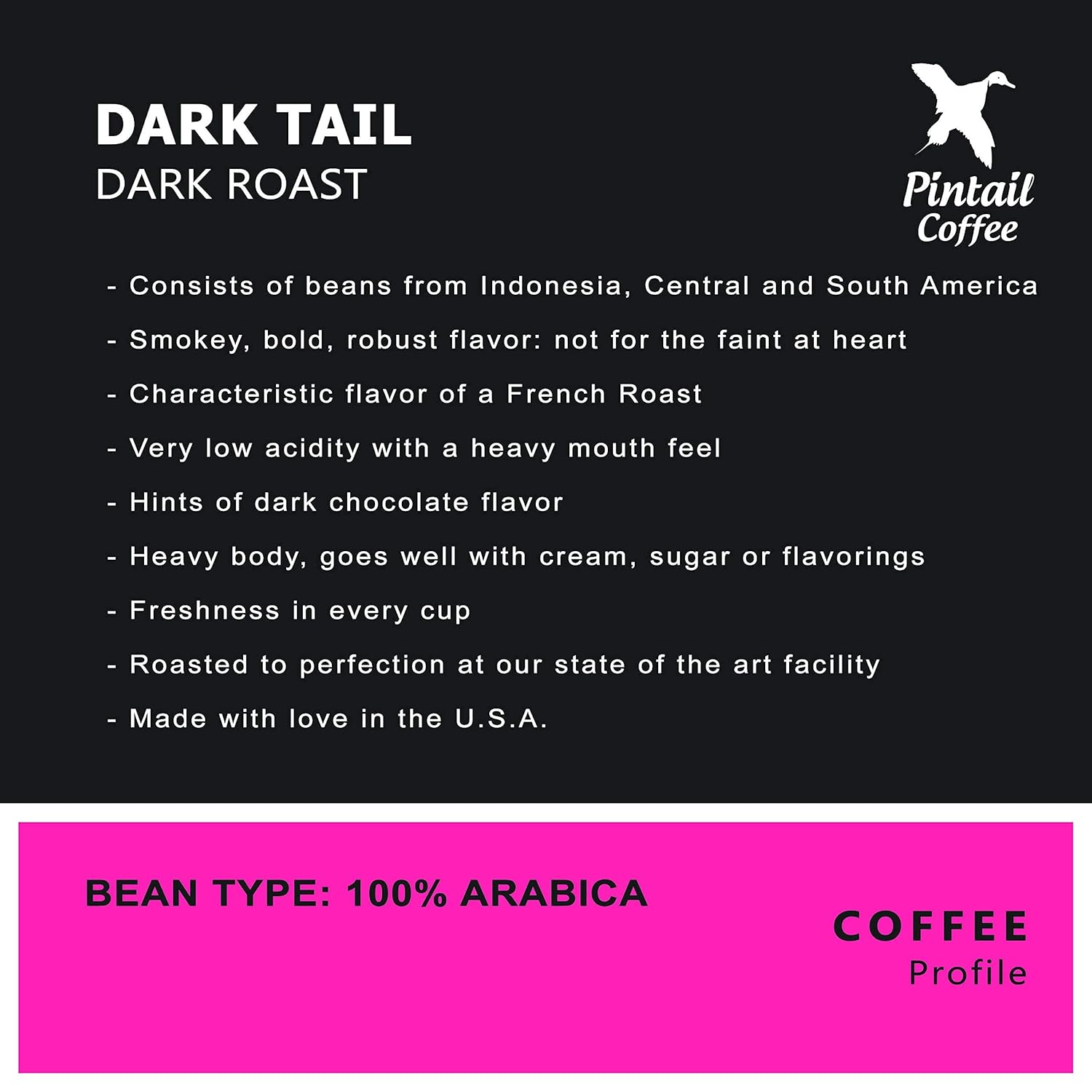 Pintail Coffee – Indonesian "Dark-Tail" Whole Bean, Dark Roast Coffee, 12 Oz. Bag