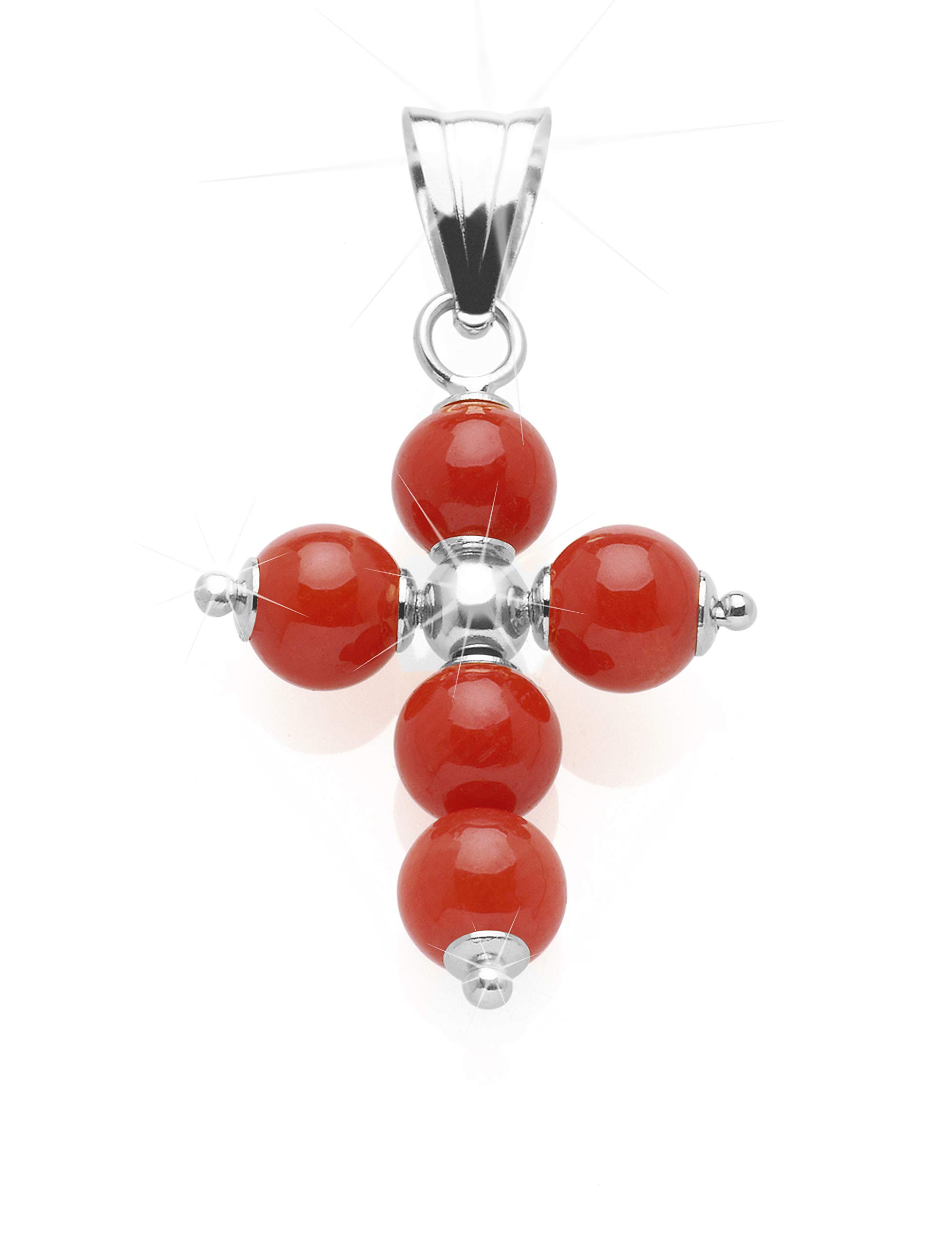 Antonino De Simone Pendentif croix avec cinq boules en corail rouge de la Méditerranée de 5 mm, monté en argent blanc 925, poids 0,9 g, longueur environ 2,5 cm., Argent sterling corail Argent