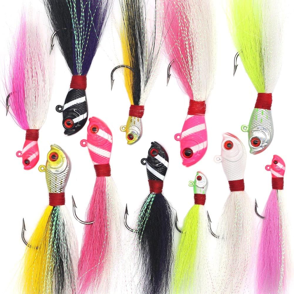 Bucktail-Jigs-Saltwater-Hair-Jigs-Head -Flukes-Fishing-Lures-Assorted Kit for Striped Bass Walleye Snook Rockfish Redfish 1/4oz 1/2 oz 1oz 2 oz : Sports & Outdoors