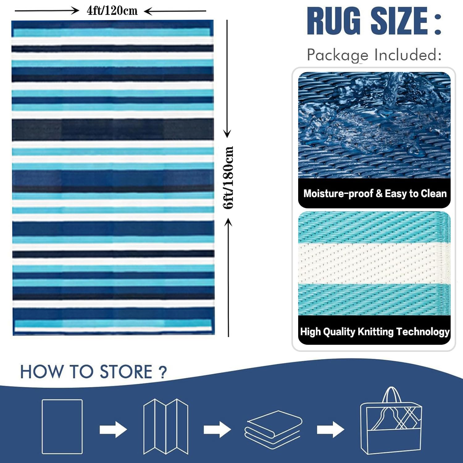 Tapis Imperméable Rayé Bleu,120x180 Petits Tapis Rectangulaire,Tapis de Jardin en Plastique Pliable,Tapis de Sol de Camping Réversible,Tapis Extérieur pour Terrasse,Balcon,Pique-Nique,Plage
