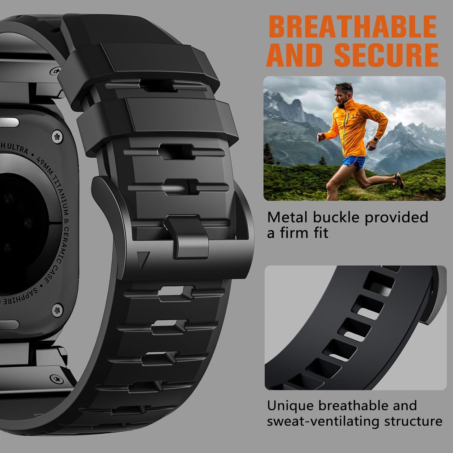 Bandletic FKM Band Designed for Apple Watch Ultra 3 2 1 49mm Band for Men, Rugged Strap with Metal Connector for iWatch Series 11/10 46mm, 9/8/7/45mm, SE3/SE2/SE/6/5/4 44mm, 3/2/1 42mm