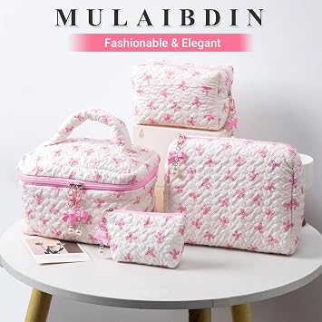 4 Pcs Makeup Bag, Coquette Cosmetic Bags for Women & Girls, Cute Skincare Bag for Travel, Portable Bow Make Up Bag Set, Quilted Toiletry Bags Cotton for Birthday Gifts (Pink+White)