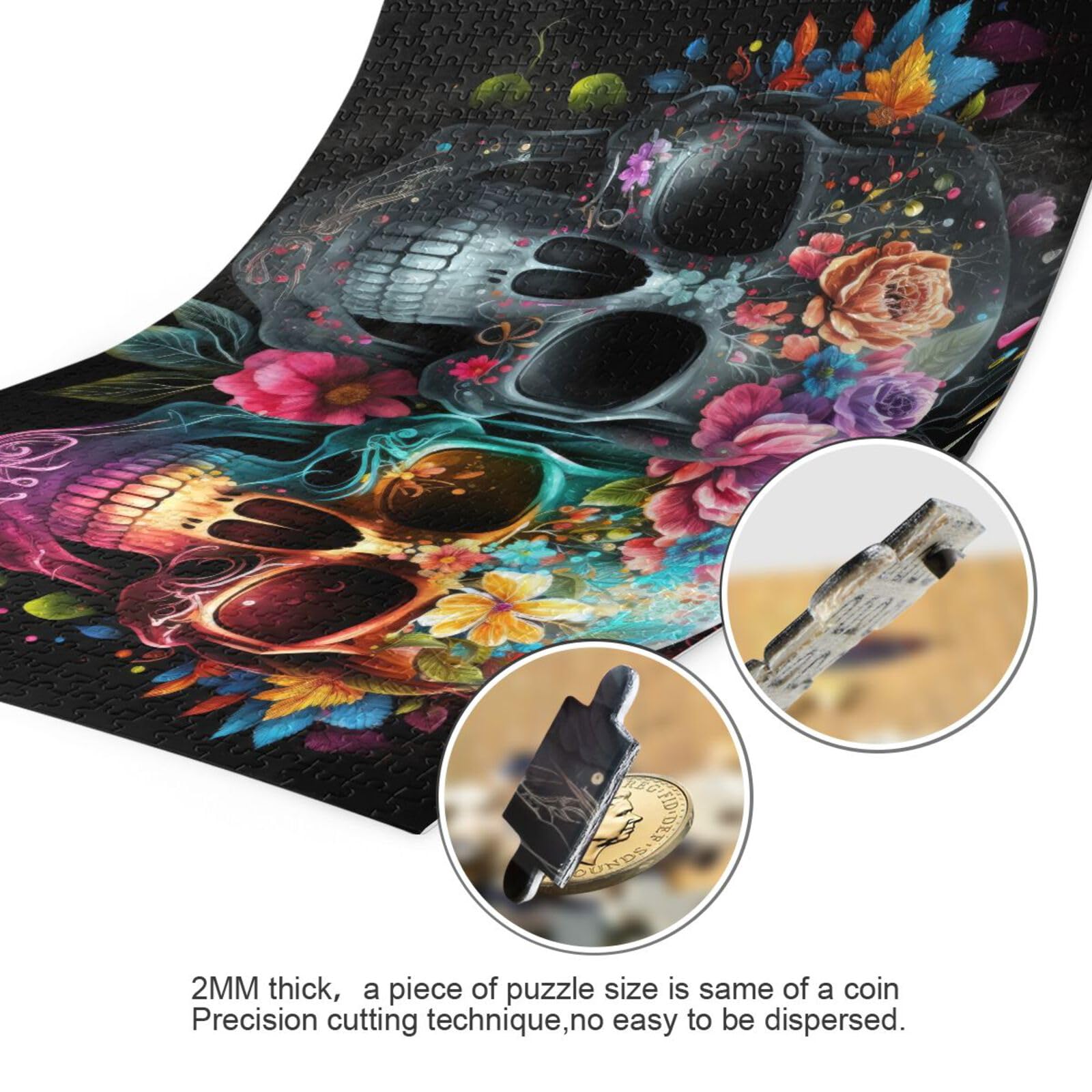 ZENWAWA 1000-Piece Wooden Jigsaw Puzzle - Skull Print, Alphabet Back, With Storage Bag For Adults