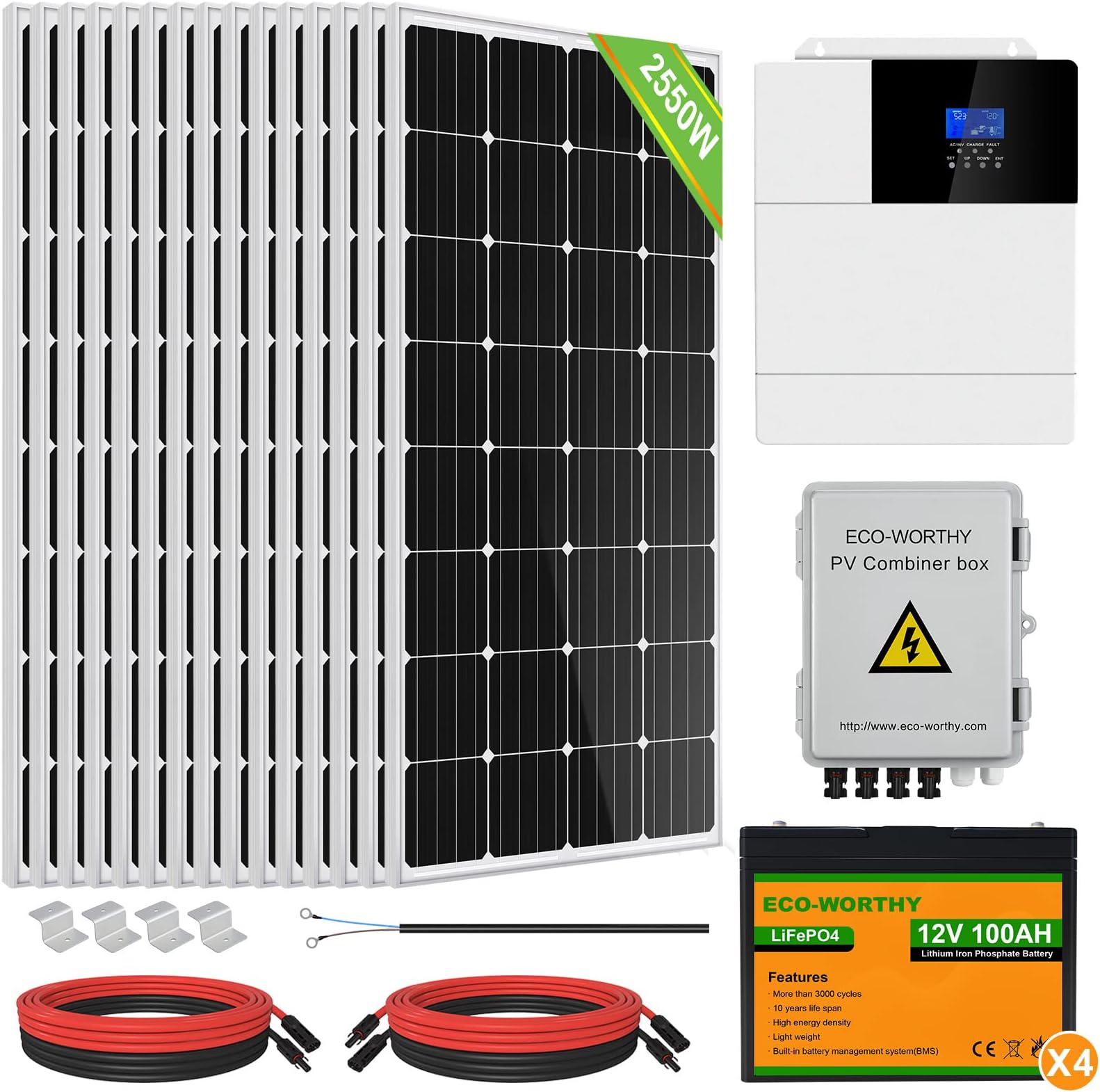 ECO-WORTHY 2550W 48V Solar Power System Off Grid Complete Solar Panel Kit for Home/Shed: 15pcs 170W Solar Panels+5000W All-in-one Charge Inverter+4 pcs 100Ah LiFePO4 Batteries+4 String Combiner Box