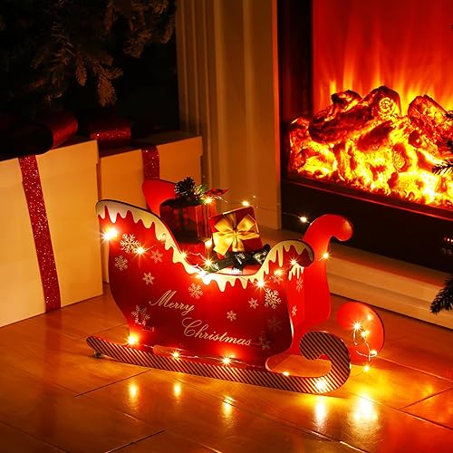 Miniatura 3 de Trineo de Navidad de Papá Noel para interiores, trineo de madera roja, decoración de árbol de Navidad, kit de accesorios de cabina de fotos,