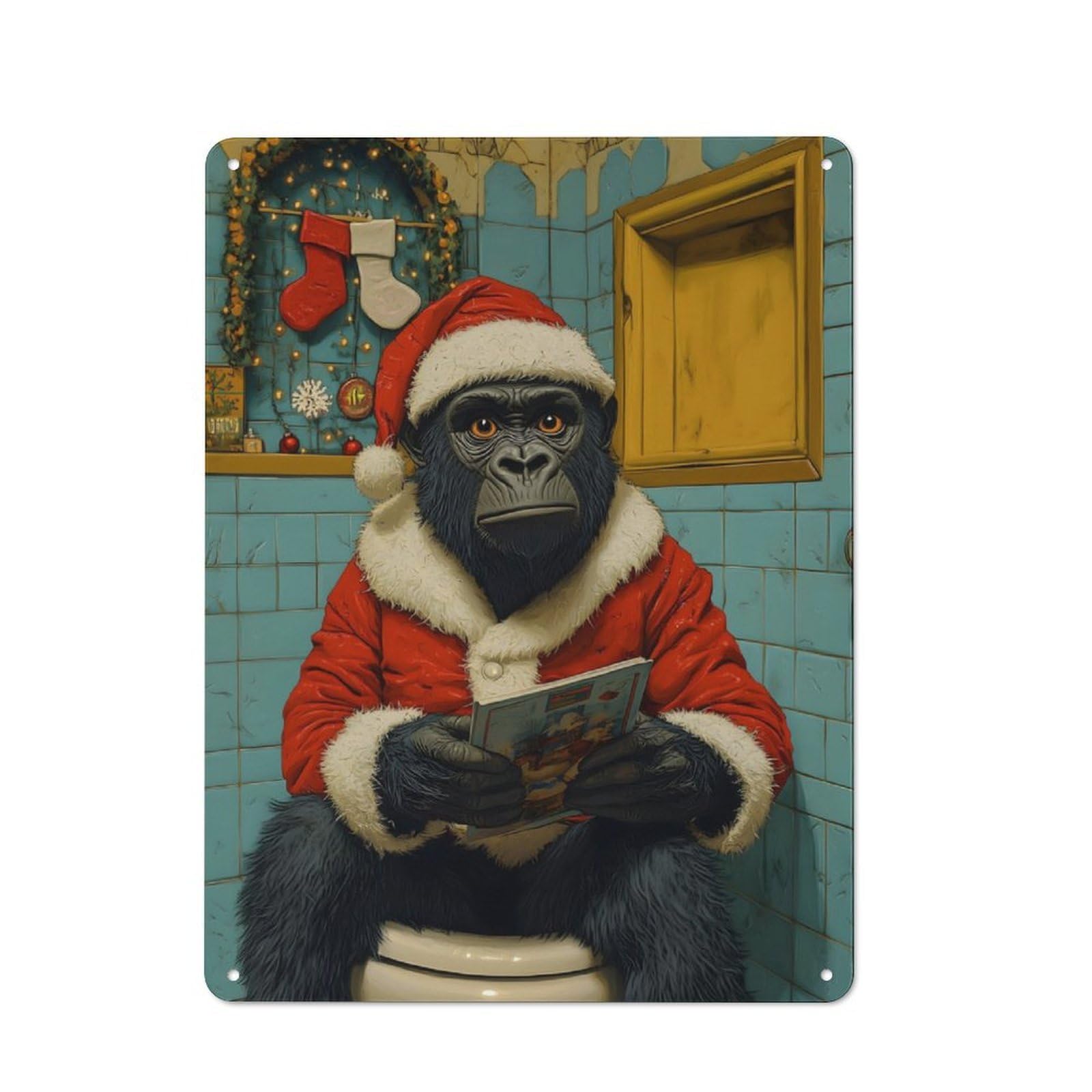 Vintage Cafe Metal Sign 40x30cm Featuring Gorilla Santa on Toilet Christmas, Bistro Wall Plaque for Cafe, Bistro, Bakery Or Restaurant