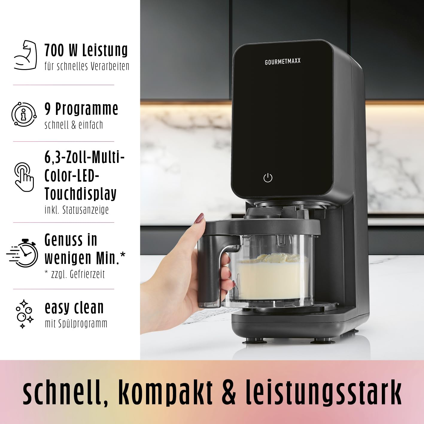 GOURMETmaxx SmoothUp Touch Eismaschine 700 Watt | Eismaschine 9 Programme + Mix-in-Funktion | Eiscreme-Maschine - Slushies & Eiscreme selber machen | Speiseeisbereiter LED Display, 2 Becher inklusive