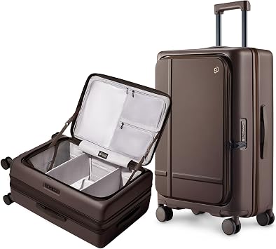 NINETYGO Medium Checked Luggage 25 Inch, Flat Top Opening Check In Luggage with Cup Holder, Expandable, Coffee-Infused PC Hard Shell, Eco-Friendly, TSA Lock, 360 Spinner Wheels Americano
