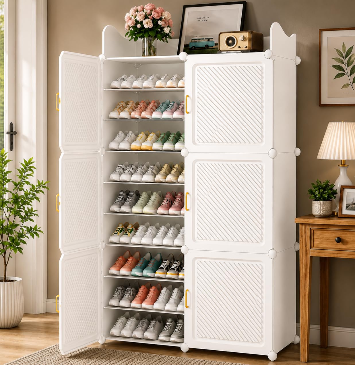 Mevigo Plastic Shoe Rack for Home with Door | 18-Tier Stackable Shoe Organizer | Holds 36 Pairs | Waterproof & Dustproof | DIY Modular Shoe Cabinet | Chappal Slipper Stand for Bedroom, Entryway