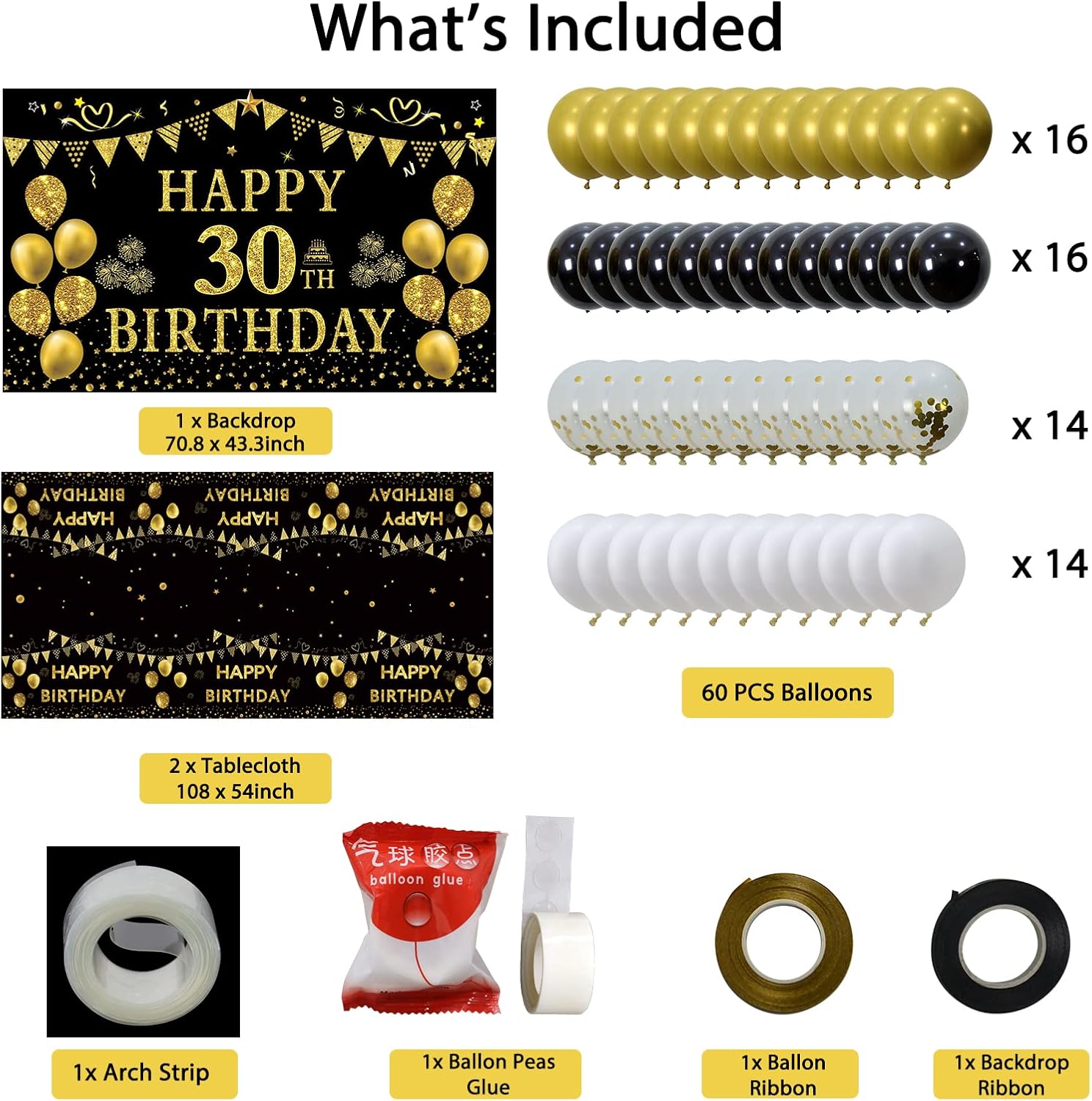 Trgowaul 30th Birthday Decorations Women Men - Black Gold Happy 30th Birthday Banner, 2 Pcs Birthday Tablecloth, 60 Pcs Latex Confetti Balloons, 30 Years Old Bday Party Supplies Gifts Ideas Him Her - Image 2