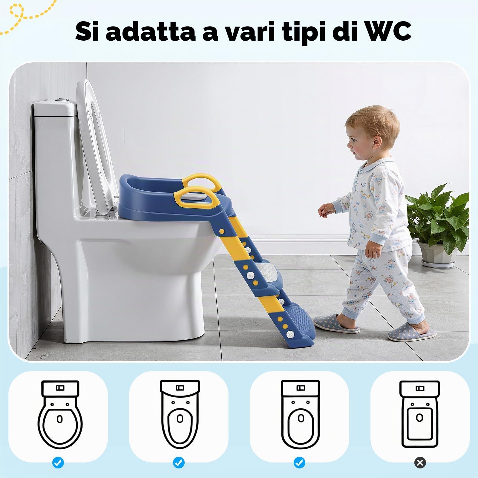 Sedile WC per Bambini con Scala, Sedile WC Pieghevole per Bambini per WC a V/U/O, 6 Regolazioni di Altezza, Supporto WC a U, con Cuscino PU Rimovibile, Blu