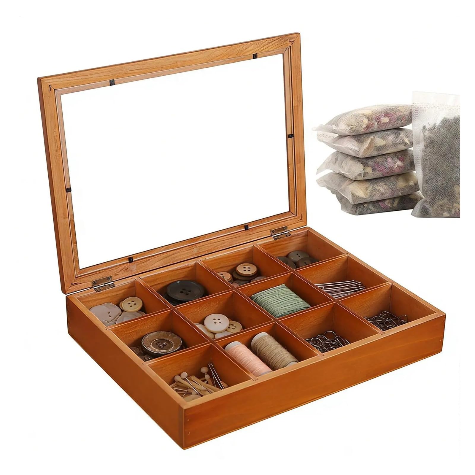 GMGQJST Compartment Storage Boxes Tea Bag Storage 12-Compartments Wooden Box Tea Storage Organizer With Clear Lid For Home Kitchen Coffee Pantry Snack Packet