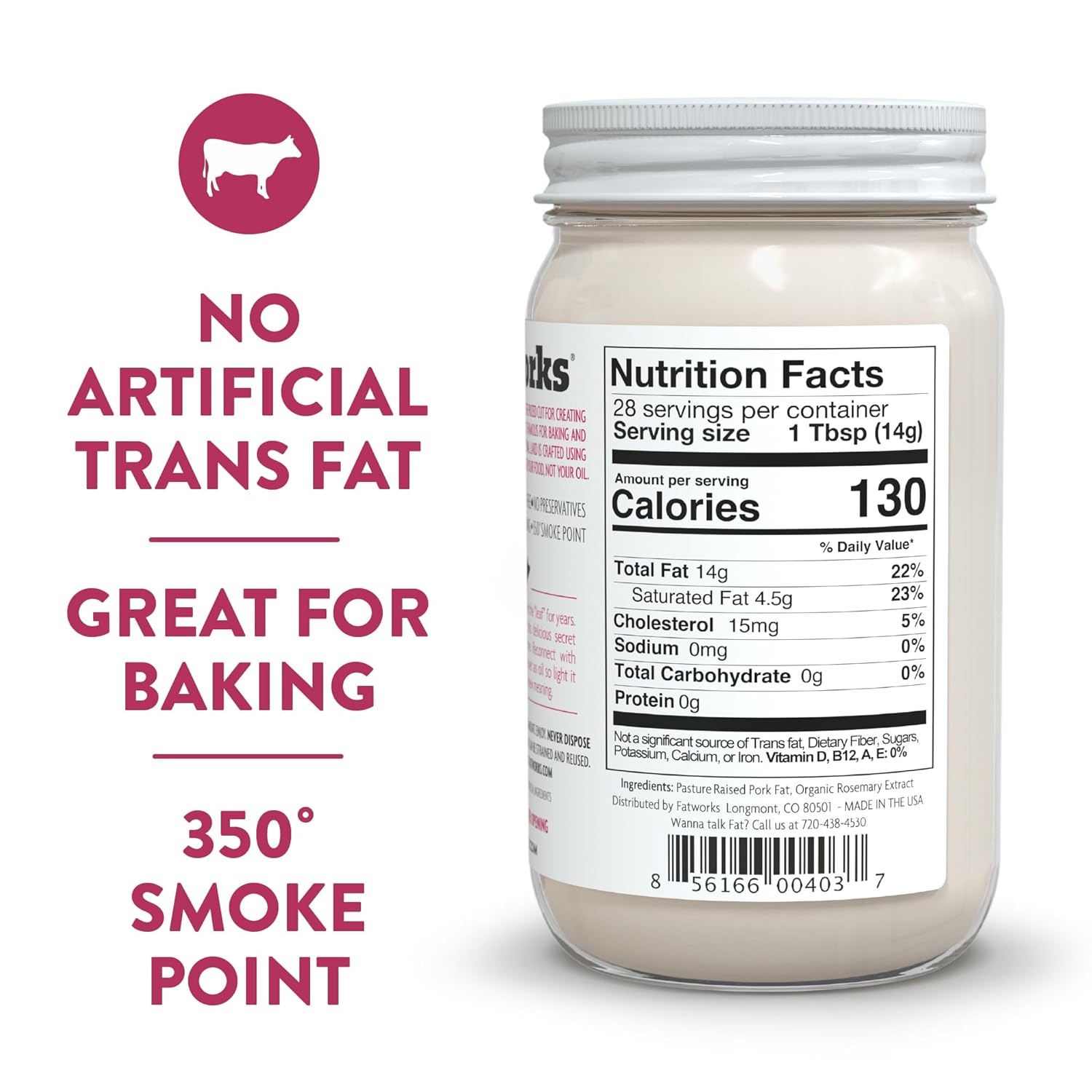 Fatworks, Pasture Raised Leaf Lard, a.k.a. "Baker's Lard", Artisanally Rendered, for Traditional & Gourmet Baking, Sauteeing, Frying, WHOLE30 APPROVED, KETO, PALEO,14 oz.
