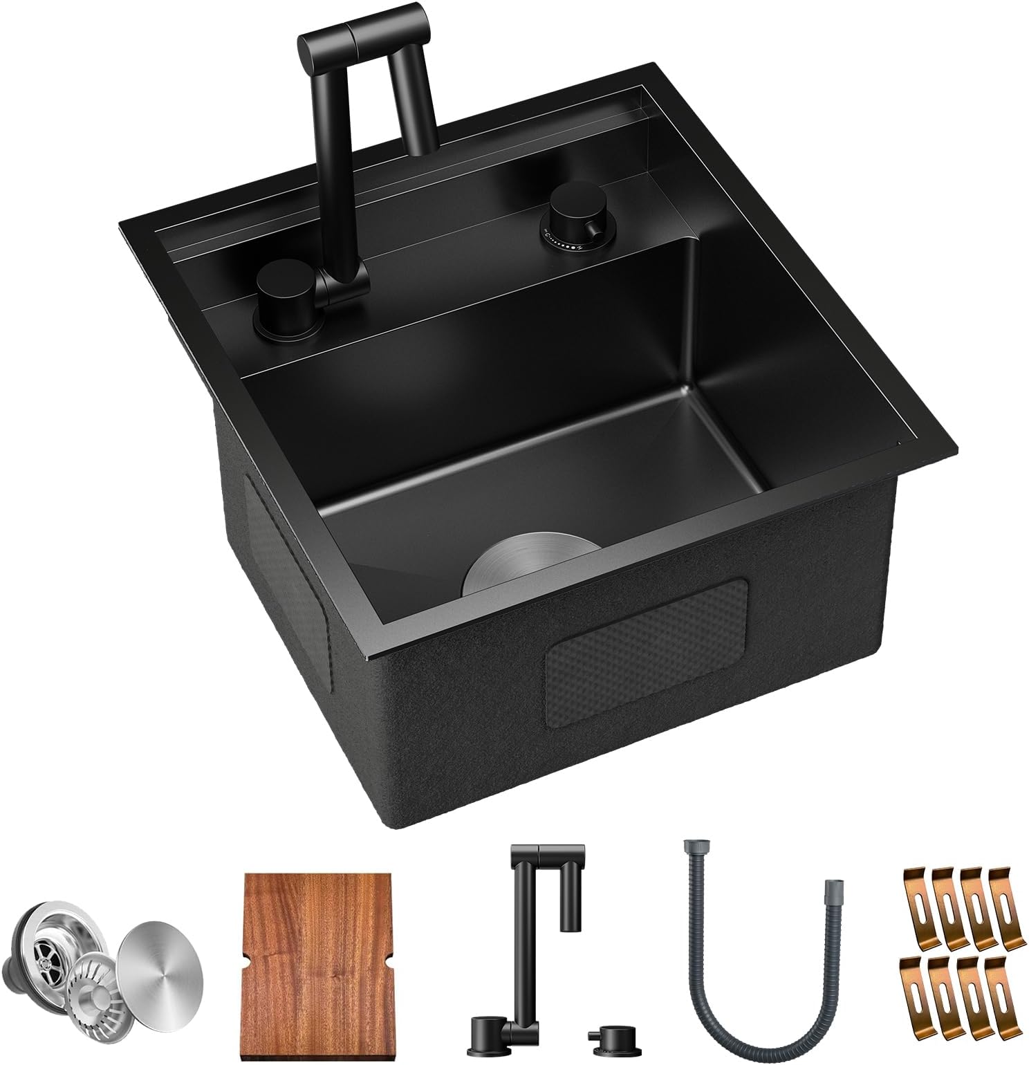 TORVA RV Kitchen Sink, 16 x 17 x 9 Inch Undermount Bar Sink 16 Gauge Stainless Steel Single Bowl Workstation Sink with Faucet Cutting Board, Dark Grey
