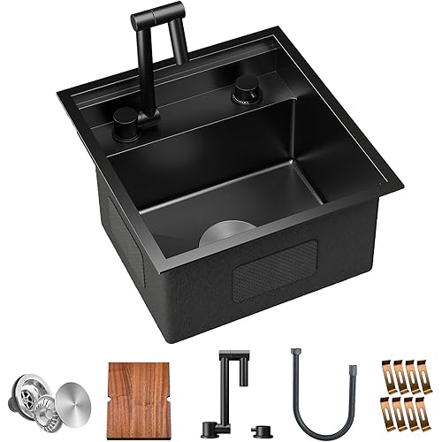TORVA RV Kitchen Sink, 16 x 17 x 9 Inch Undermount Bar Sink 16 Gauge Stainless Steel Single Bowl Workstation Sink with Faucet Cutting Board, Dark Grey