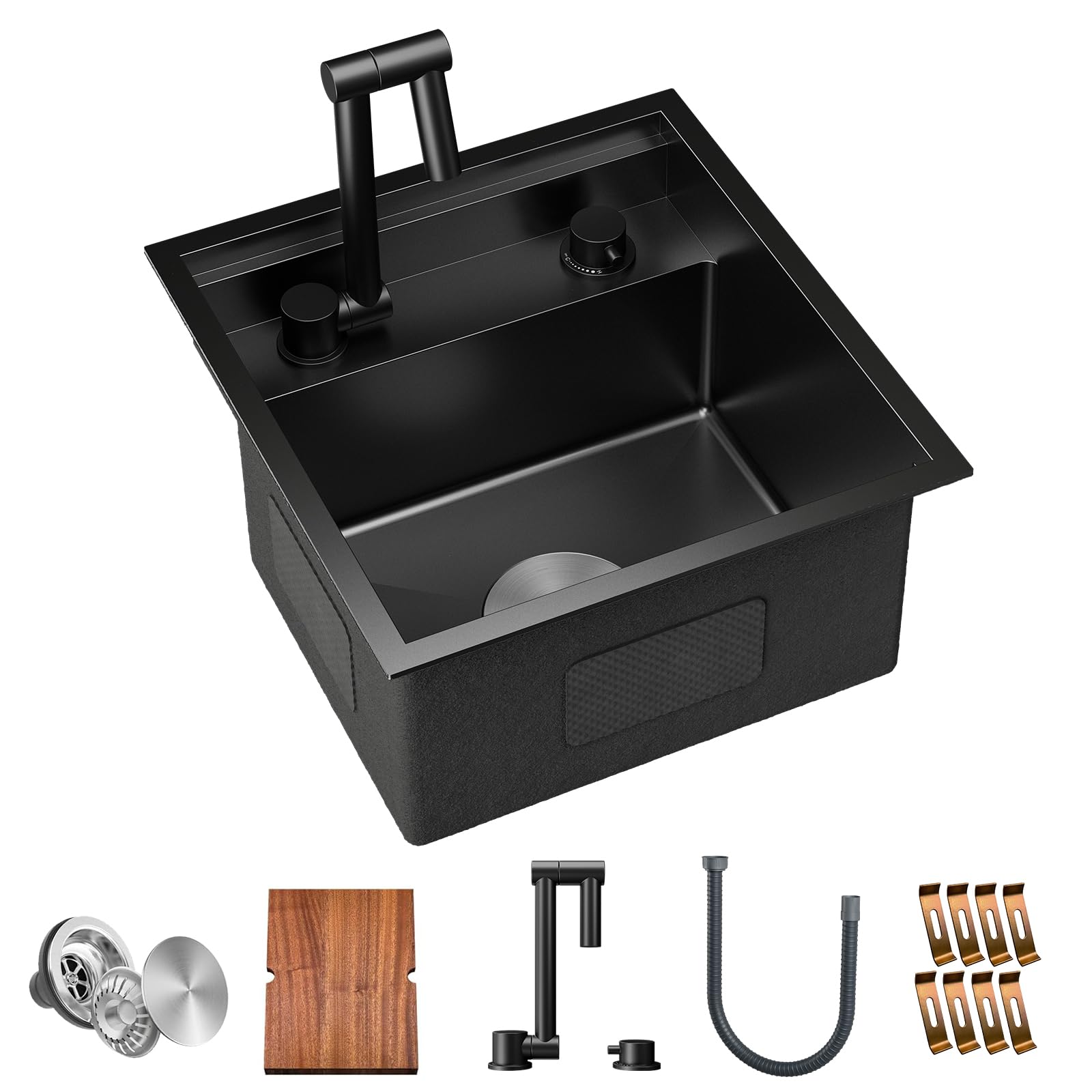 TORVA RV Kitchen Sink, 16 x 17 x 9 Inch Undermount Bar Sink 16 Gauge Stainless Steel Single Bowl Workstation Sink with Faucet Cutting Board, Dark Grey