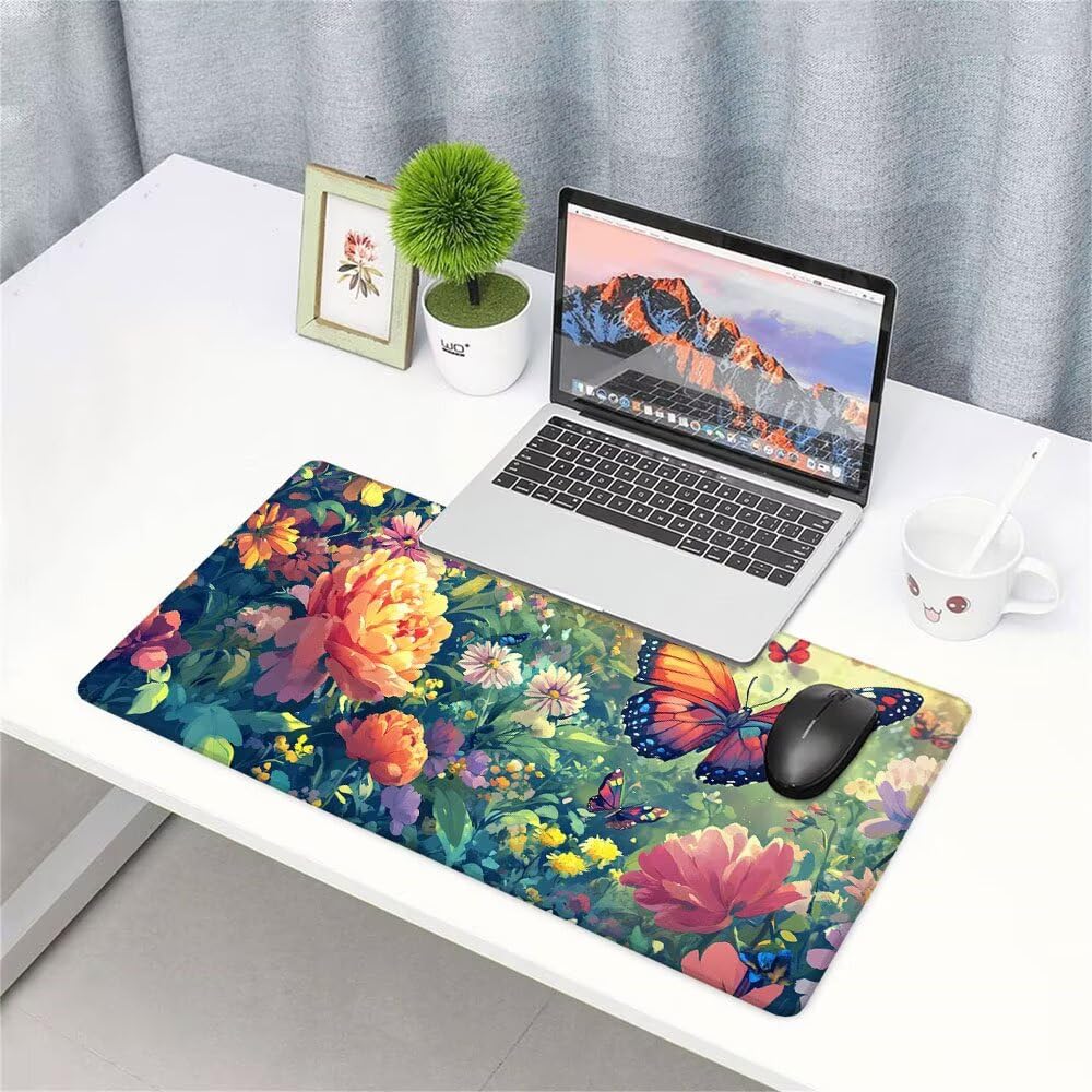 Podkładka pod mysz XXL kolorowa podkładka pod mysz biurowa akcesoria do gier klawiatura rozszerzona podkładka motyl szeroka mata do gier 1400 x 600 x 3 mm z gumową podstawą, przeszyte krawędzie