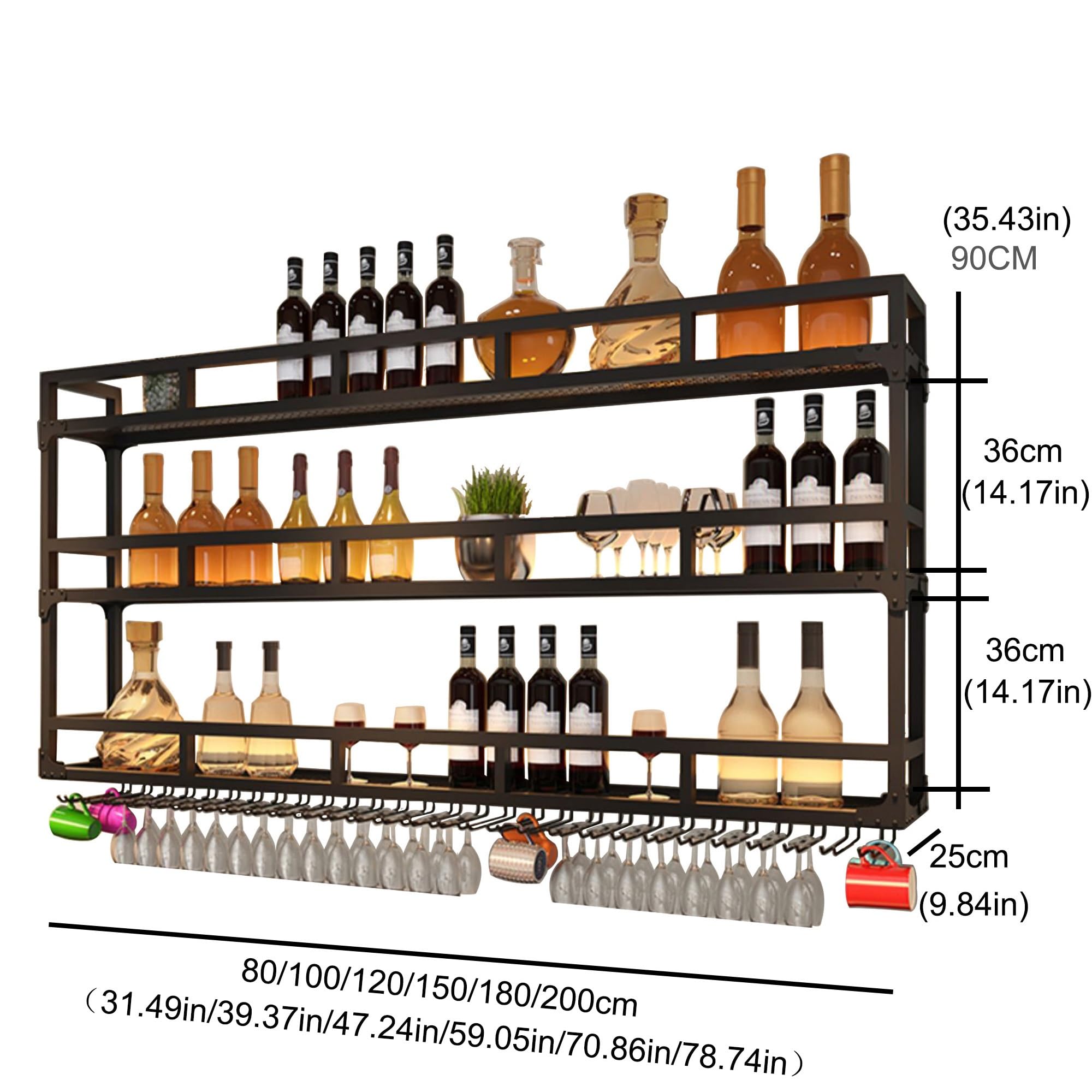 Estante flotante de pared para vino con luz LED, estante de exhibición de botellas de licor montado en la pared y almacenamiento de vino colgante para el hogar, bar, cocina, cafetería, restaurante