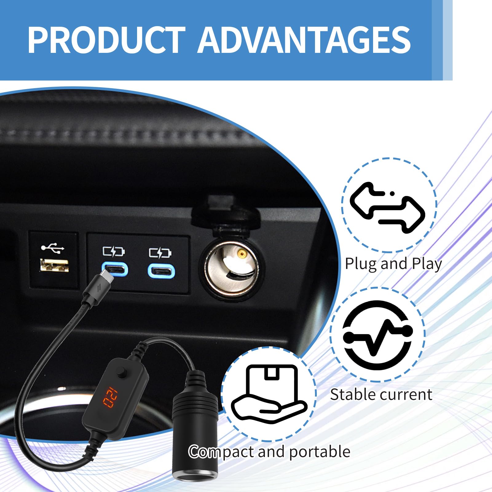 Spina USB C su presa accendisigari da 12 V, cavo adattatore con display voltmetro, tensione regolabile 5 V/9 V/12 V, protezione da cortocircuito e sovracorrente, adatto per GPS Dash Cam