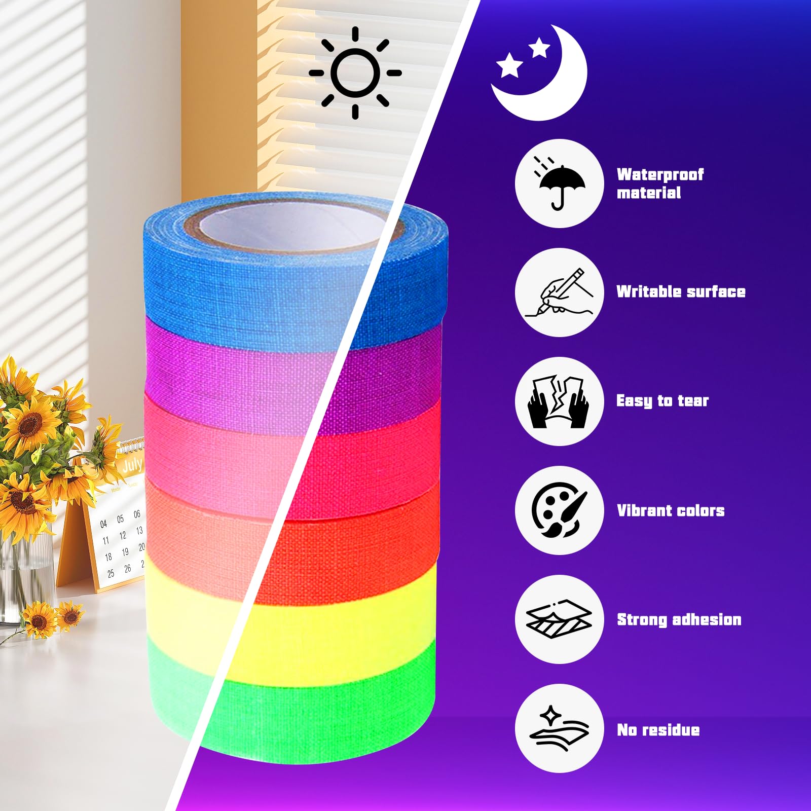 6 Rotoli Nastro Adesivo al Neon Nastri Fluorescente Nastro al Neon Gaffa Nastri Riflettenti UV Blacklight 15mm x 5m per Decorazioni per Feste Halloween Natalizi Artigianato