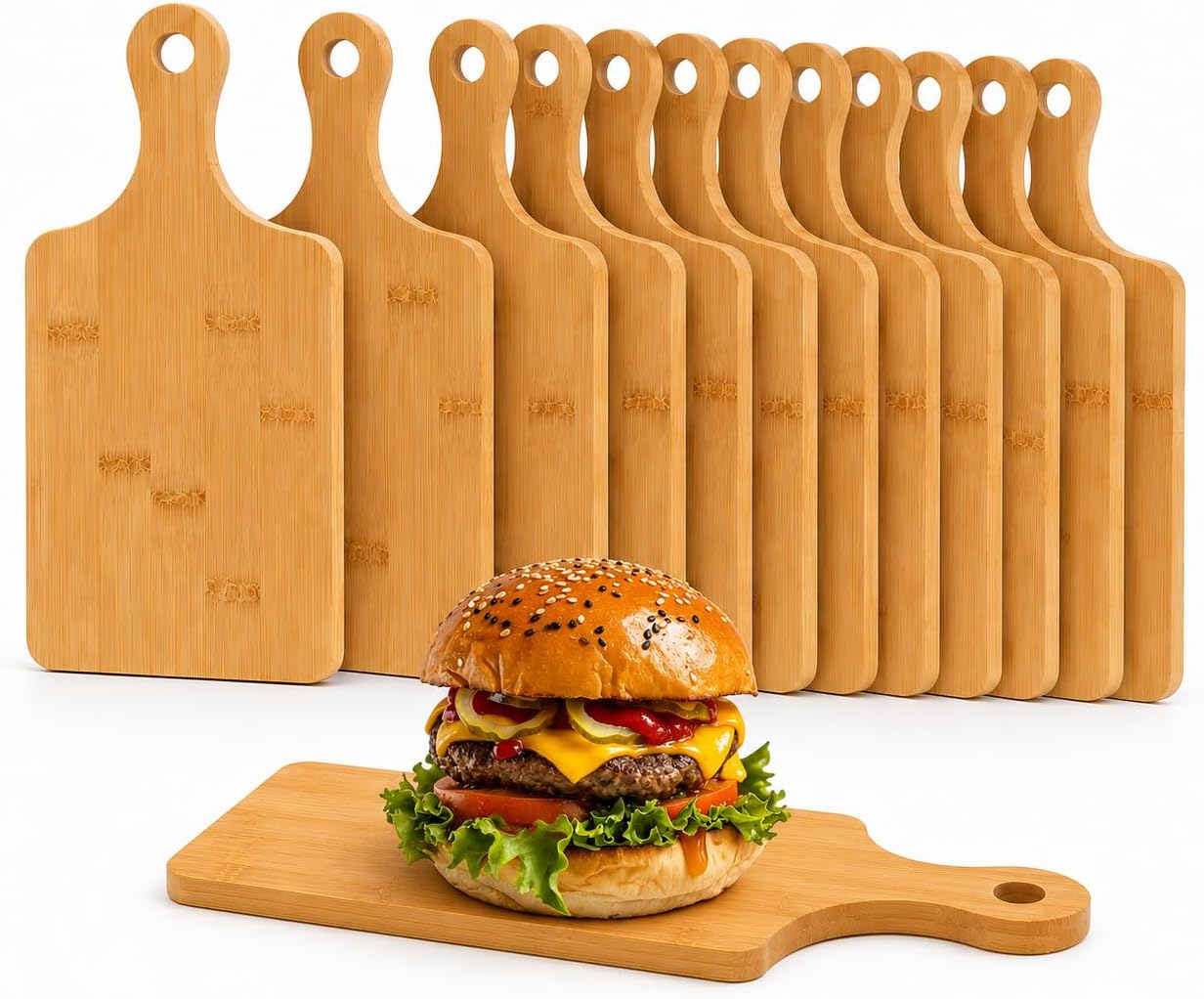 12 Pack Mini Bamboo Charcuterie Boards with Handle, 11 x 5 Inch Laser Engravable Bulk Wooden Serving & Chopping Boards for Cheese Pizza Fruit
