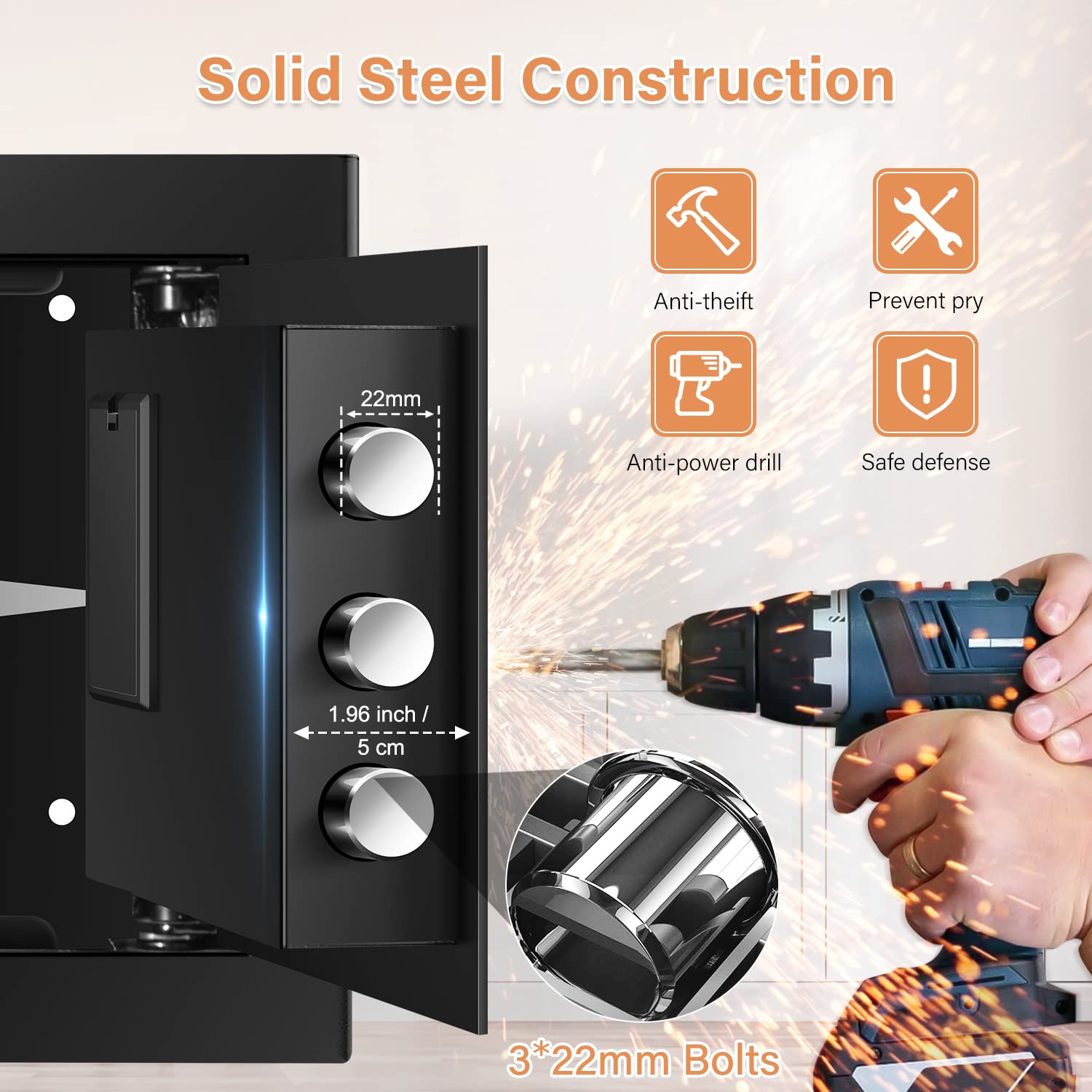 Mejasg Caja fuerte resistente al fuego con resistente al fuego, impermeable, 25 l, pequeña con estante extraíble y compartimento externo para pilas, caja fuerte de pared, caja fuerte para guardar