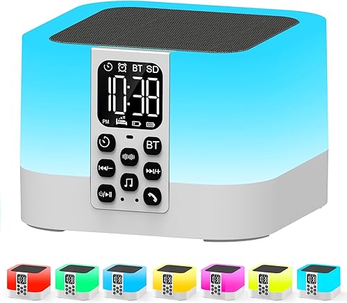 Reloj despertador con altavoz Bluetooth de luz nocturna, lámpara táctil de 7 colores, temporizador, 30 sonidos y volumen calmantes naturales,