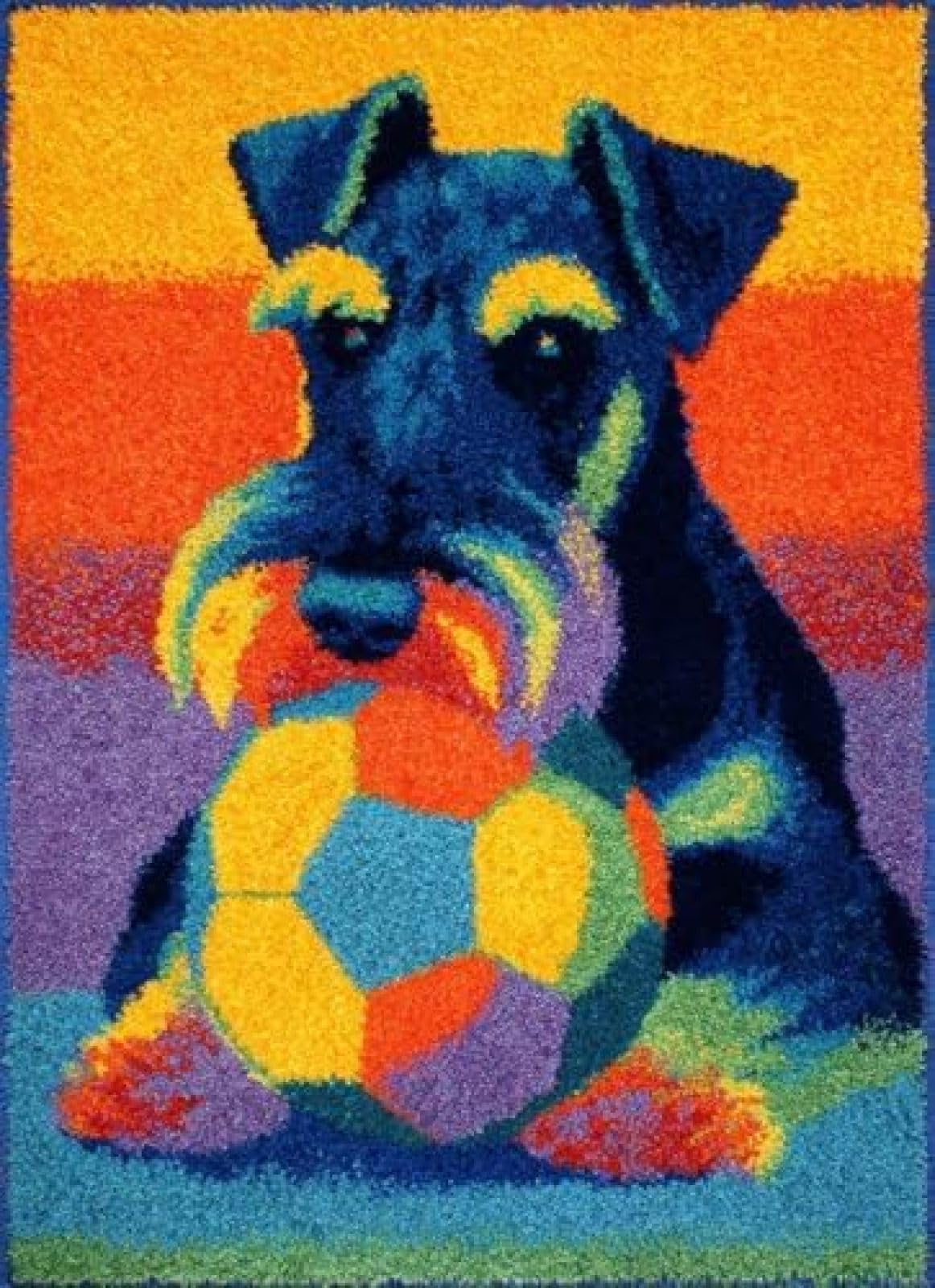 XDEGHUANGSS Latch Hook Rug Kit Giant Schnauzers Dog Play Soccer Ball Cushion Cover DIY Craft Set Pre-Printed Mat 38x52cm for Home Decor-2