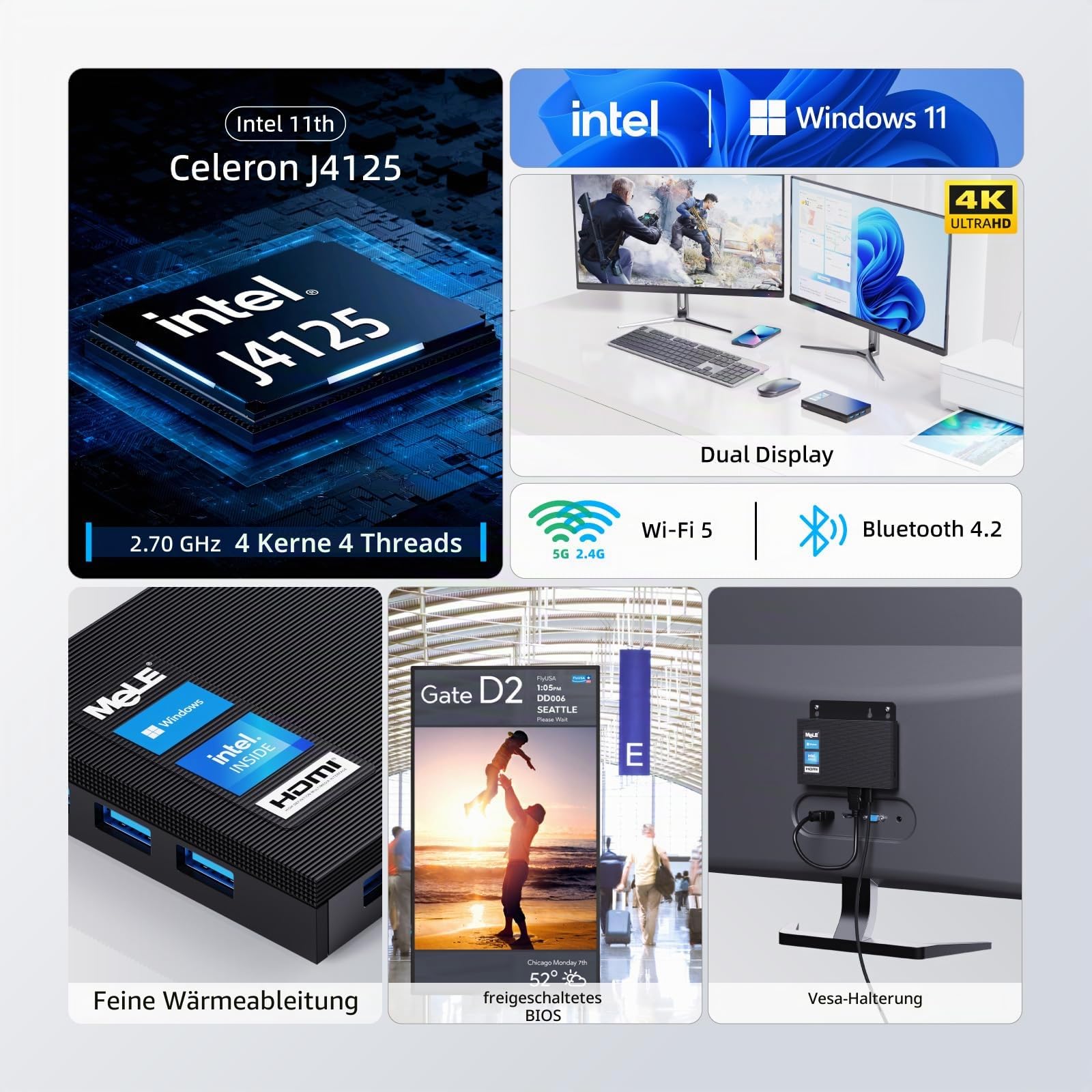 MeLE Lüfterloser Mini-PC Windows 10 Pro Celeron J4125 8GB DDR4 256GB eMMC Ultra-Thin Mini Desktop Computer 4K HDMI x2, Dual Band WiFi, USB x4 Gigabit Ethernet, BT 4.2