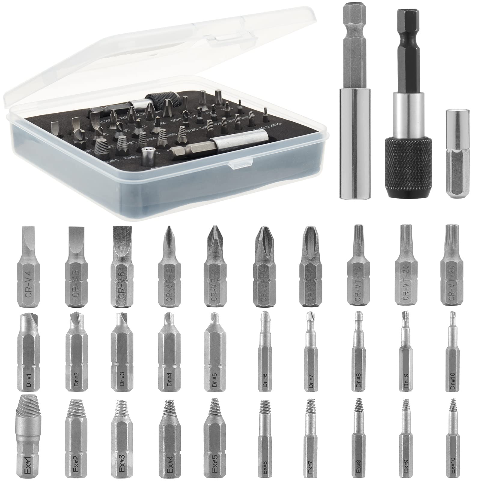 BestFire 33 PCS Damaged Screw Extractor Kit Easily Remove Stripped Screw Extractor Set With 2 Magnetic Extension Bit Holder, 1 Socket Adapter, HSS Broken Screw Extractor Set for Electric Drills