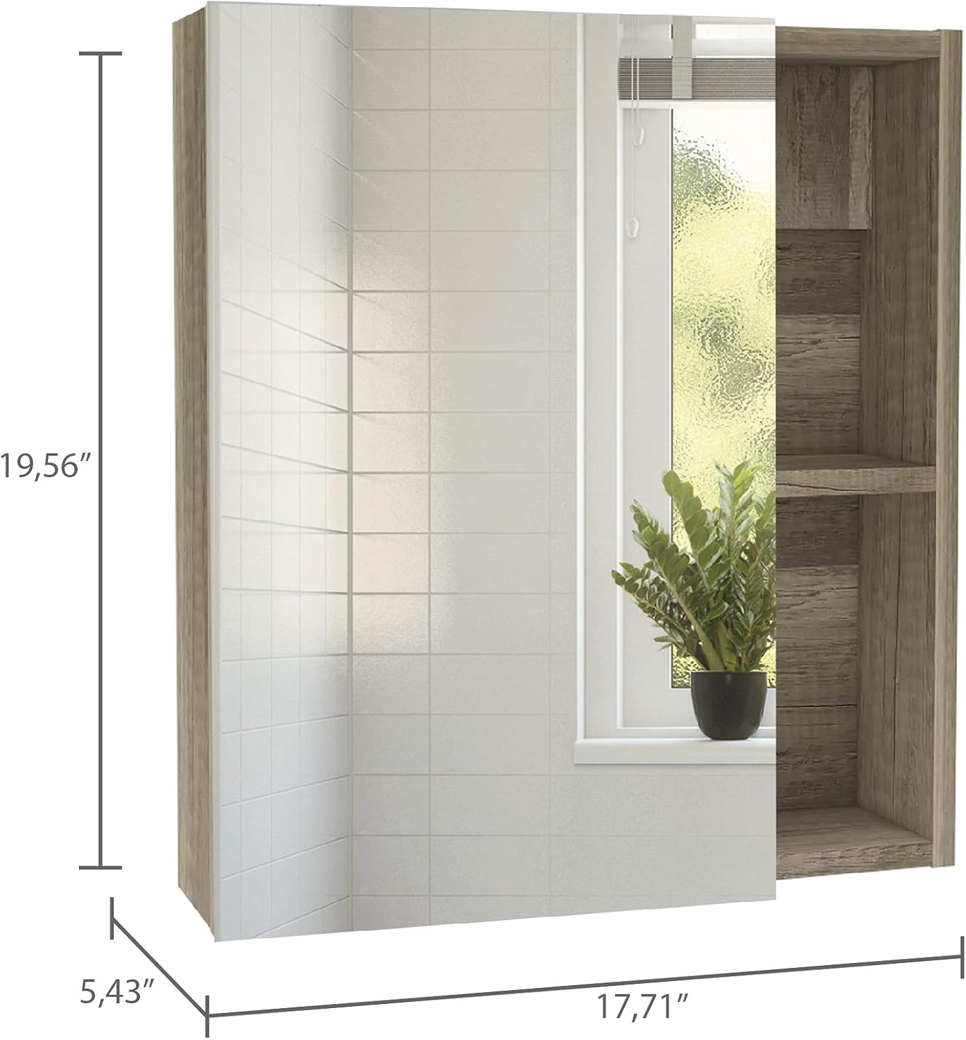 Medicine 19H Single Door Cabinet with Mirror, 5 Interior Shelves, Light Oak