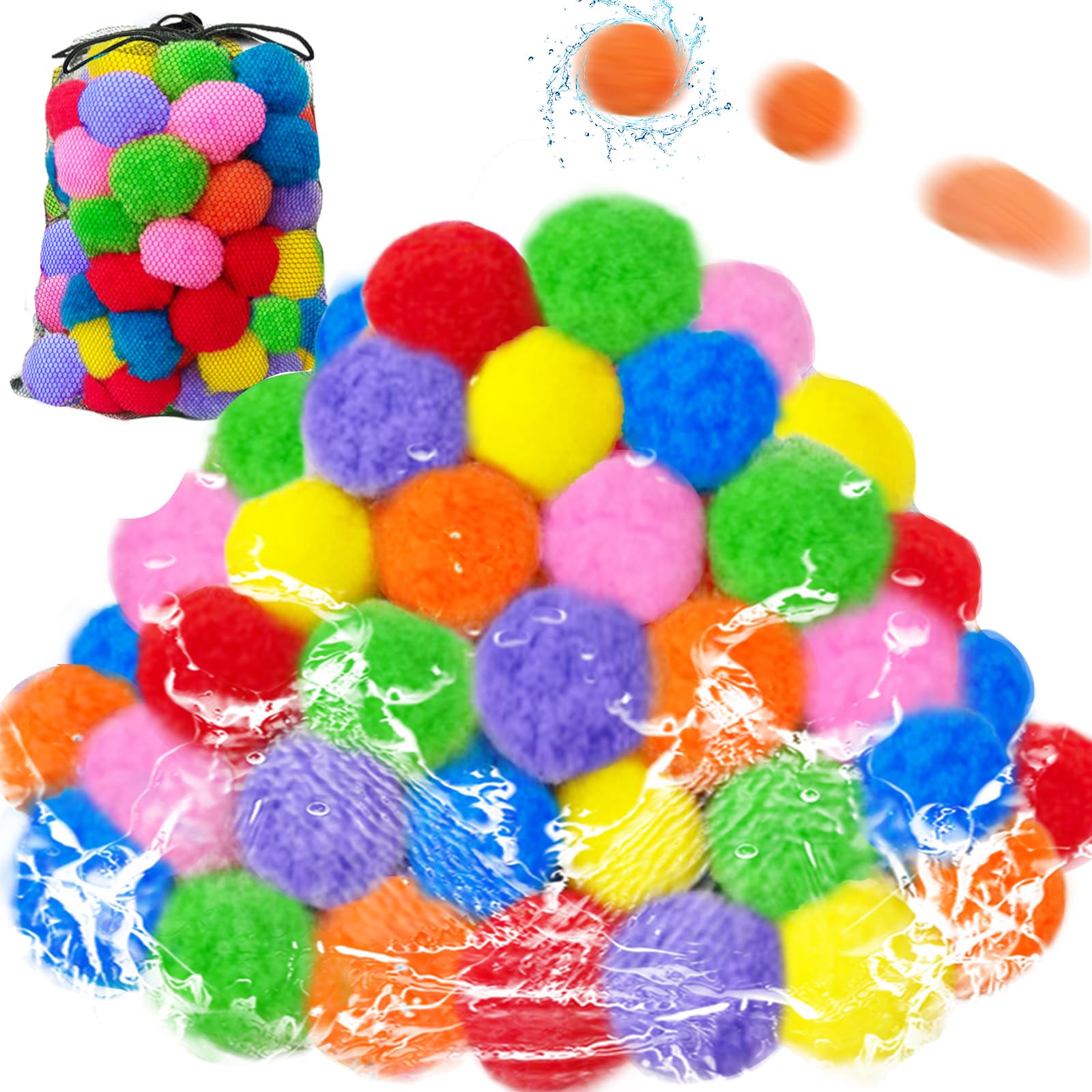 100PCS Reusable Water Splash Balls,2.4 Inch Soft Soaker Ball Fake Snowballs for Kids Outdoor Water Fight Games,Pool Backyard Fun with 1 Mesh Bag